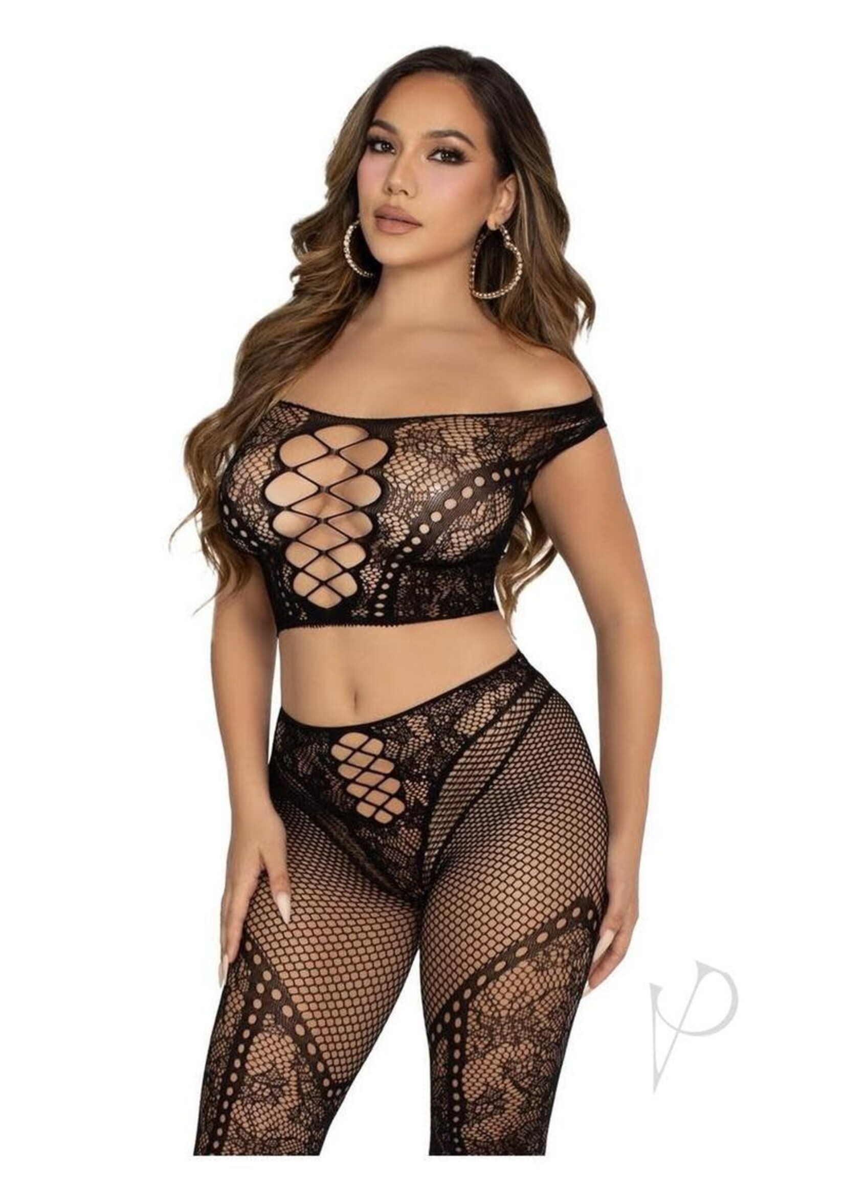 Leg Avenue Leg Avenue Net and Lace Off-the-Shoulder Crop Top and Footless Tights - O/S