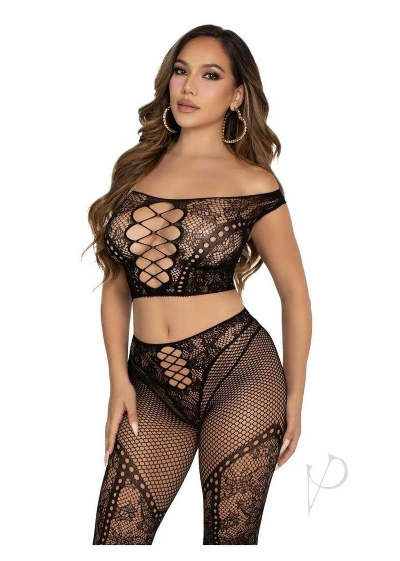 Leg Avenue Leg Avenue Net and Lace Off-the-Shoulder Crop Top and Footless Tights - O/S