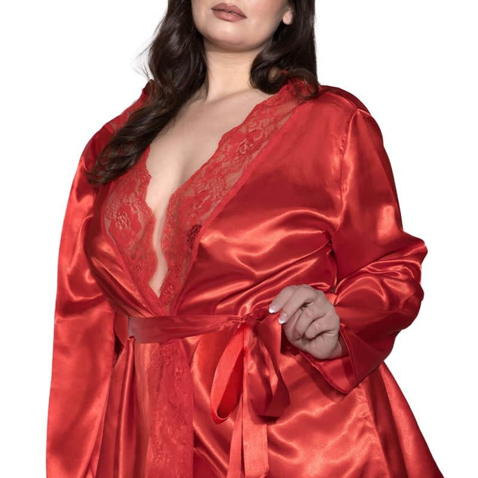 Music Legs Plus size long sleeve satin robe with lace scalloped trim and satin belt
