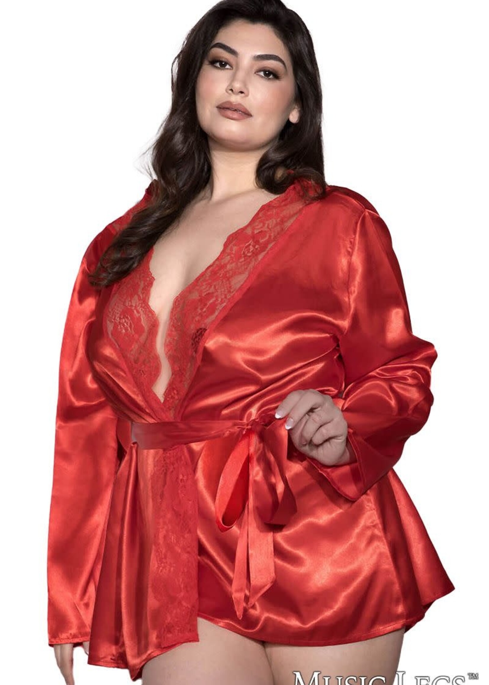 Music Legs Plus size long sleeve satin robe with lace scalloped trim and satin belt