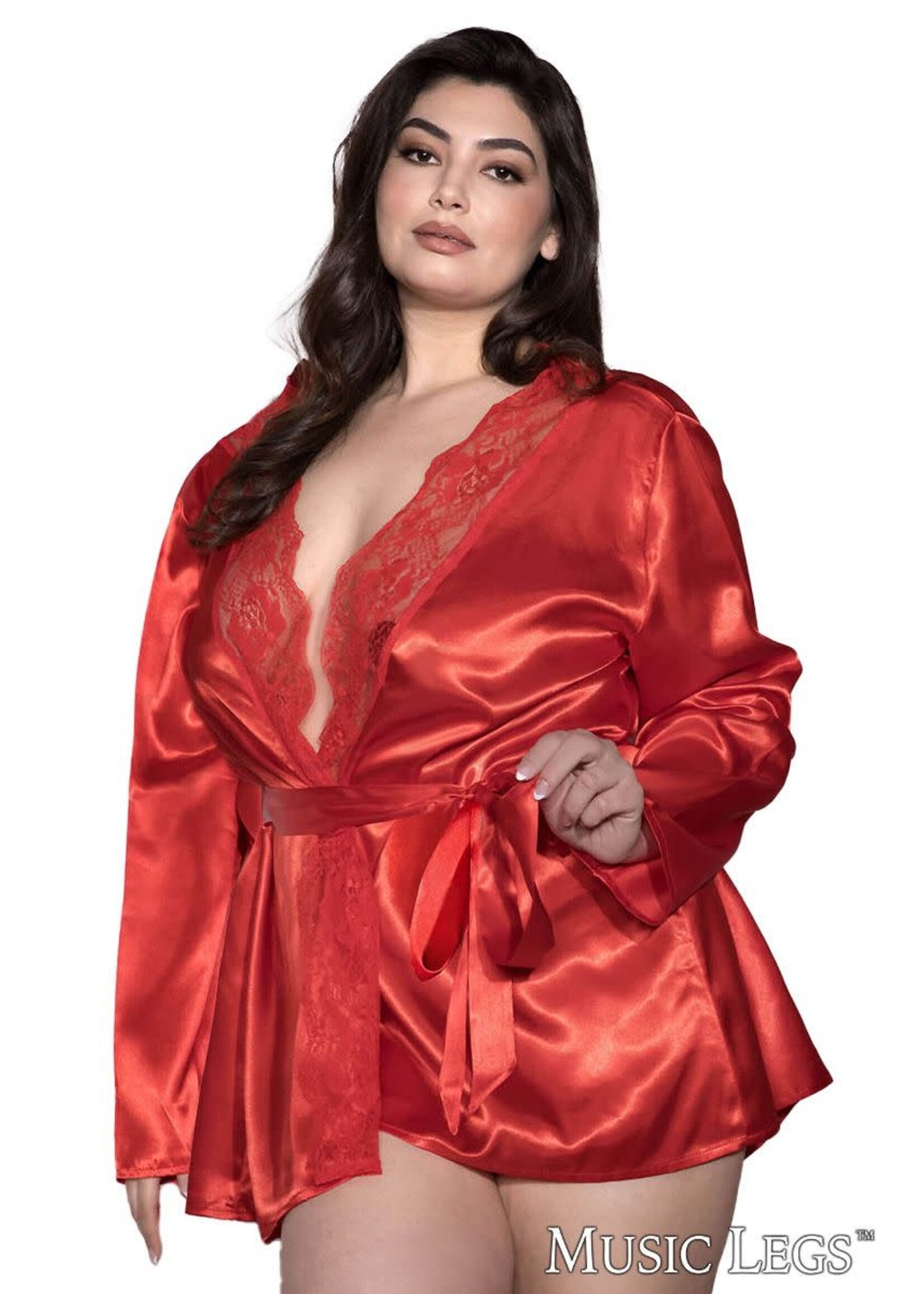 Music Legs Plus size long sleeve satin robe with lace scalloped trim and satin belt