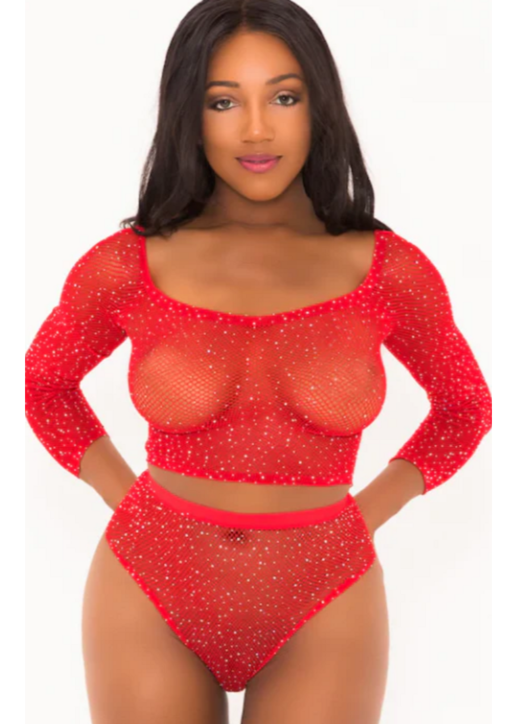 Popsi Lingerie Rhinestone Crop Top With Matching Panty - O/S