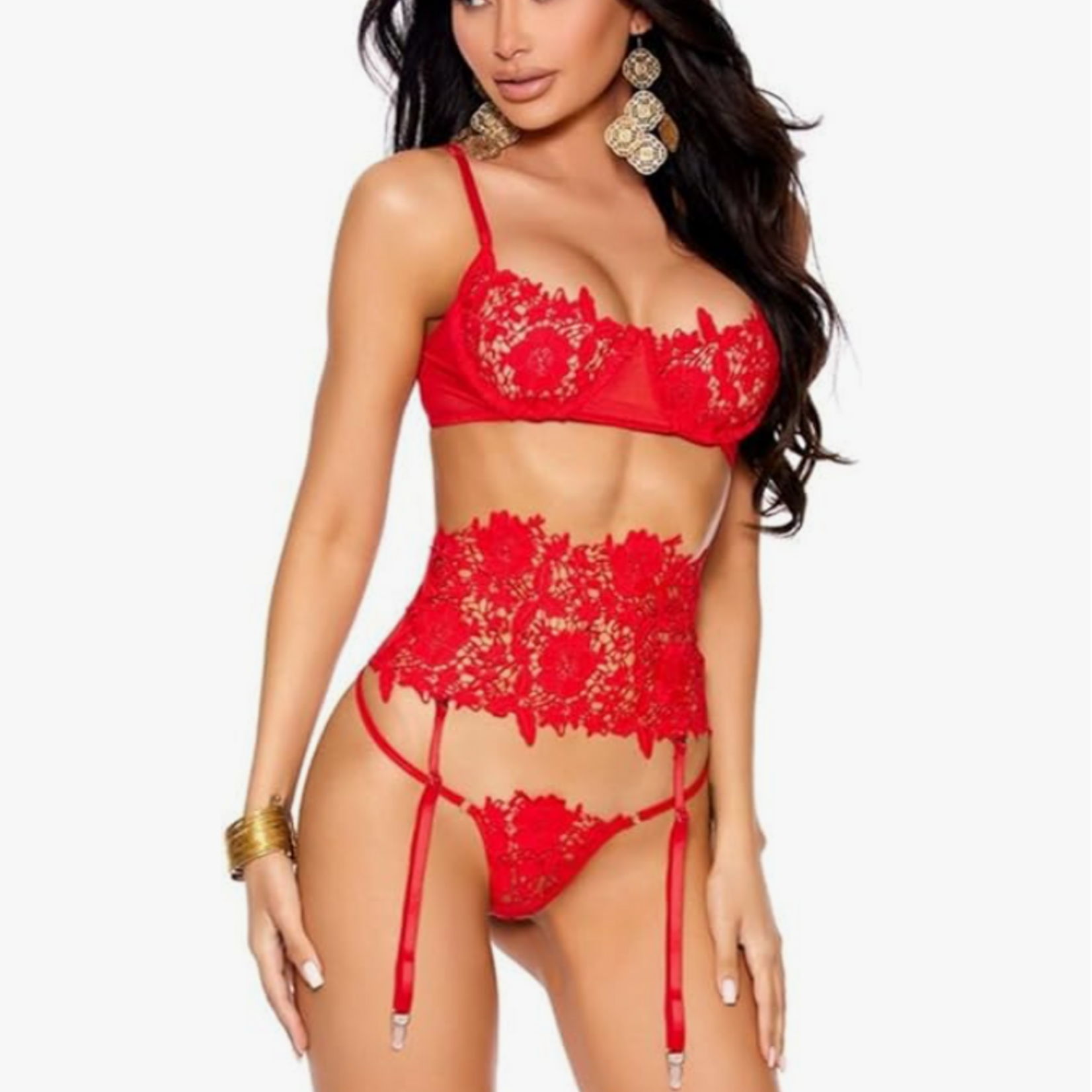 Leg Avenue 3pc Lace Bra Top, G-String, and Stockings - OS