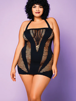 Glitter Heart of Chaos Seamless Chemise w/Halter Strap & Vertical V Cut Outs Black - Curvy Queen Size