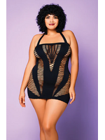 Glitter Heart of Chaos Seamless Chemise w/Halter Strap & Vertical V Cut Outs Black - Curvy Queen Size