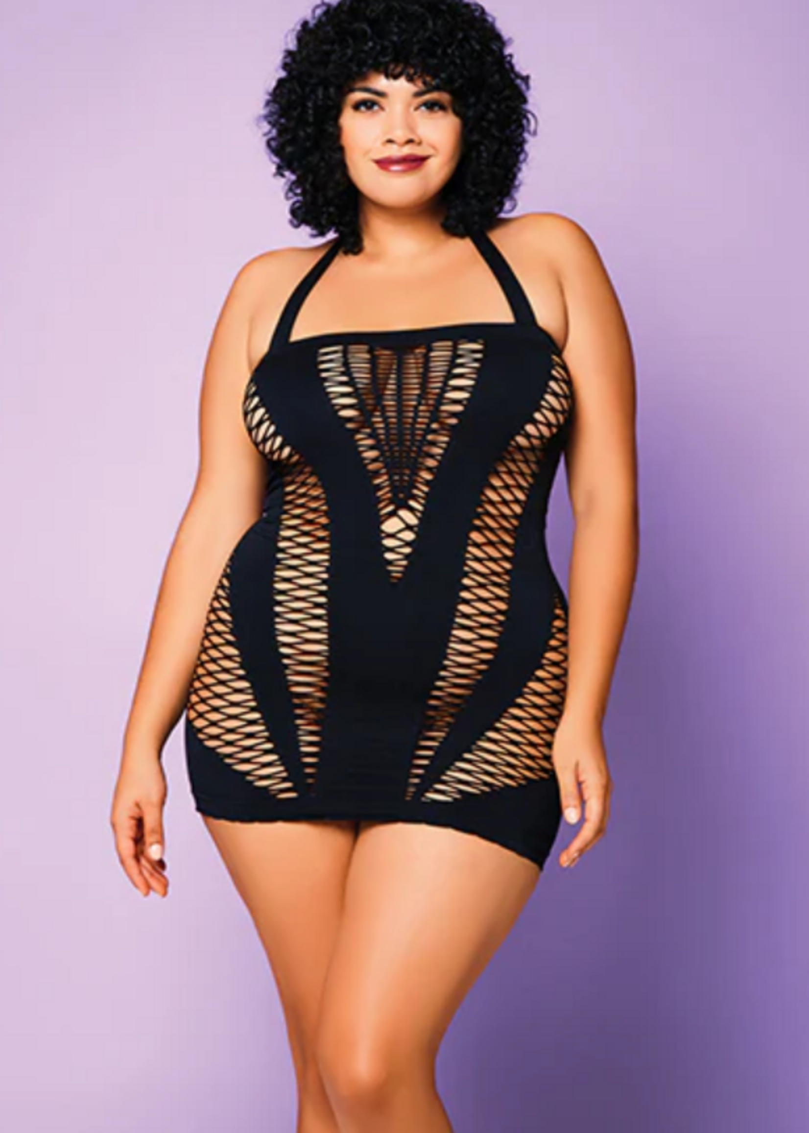 Glitter Heart of Chaos Seamless Chemise w/Halter Strap & Vertical V Cut Outs Black - Curvy Queen Size