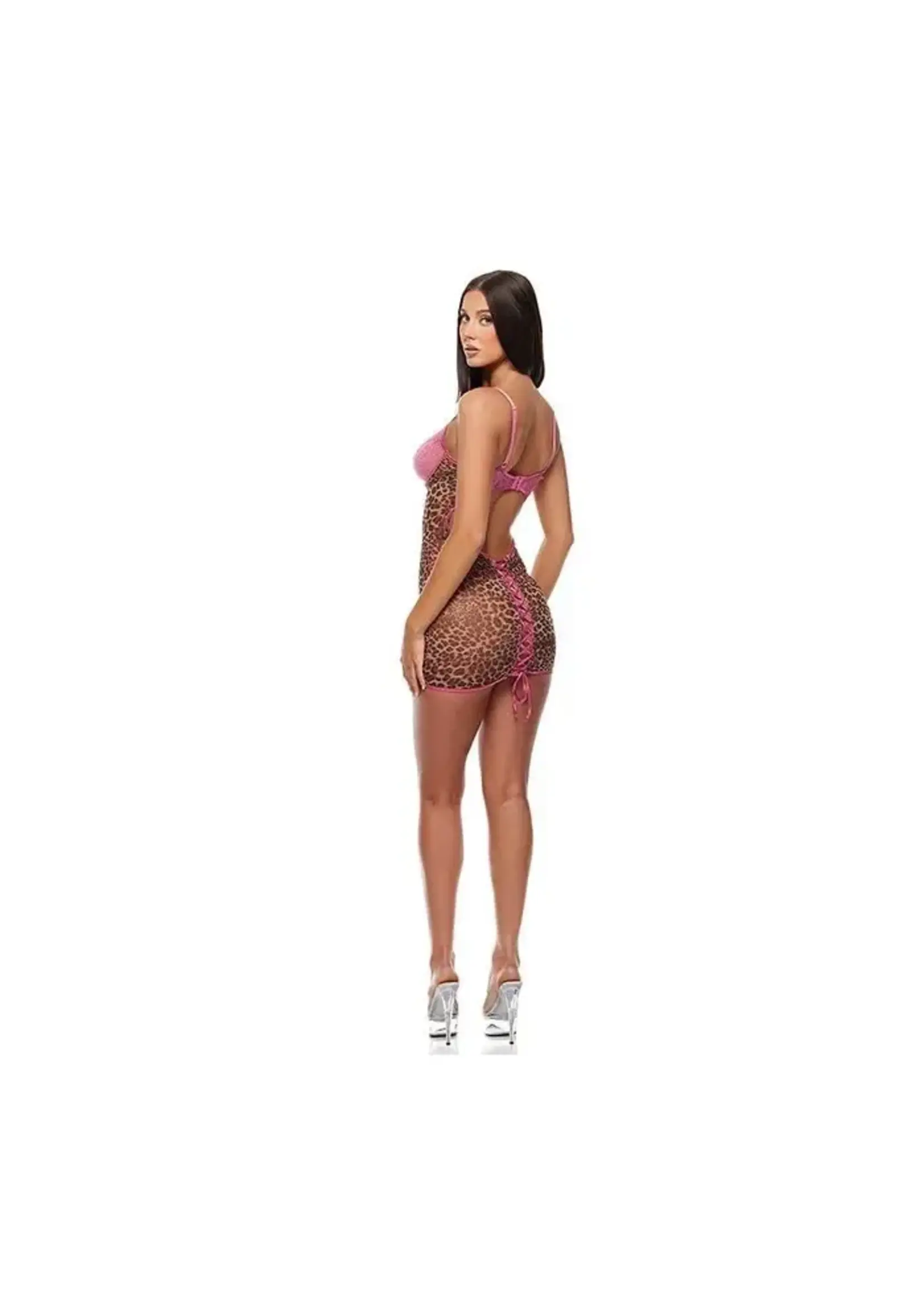 Roma Costumes Animal Instincts Mesh Chemise & Panty - Pink Leopard