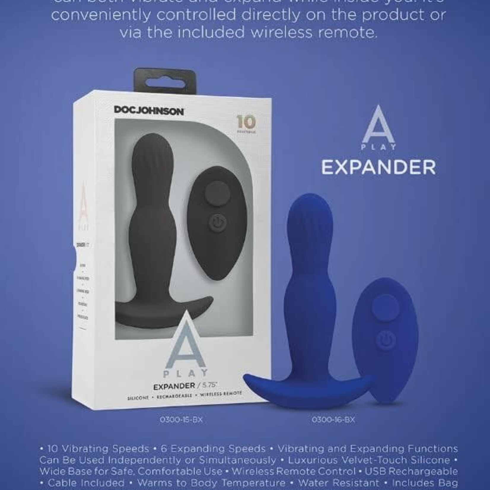 Doc Johnson A-Play Expander Rechargeable Silicone Anal Plug With Remote Royal Blue