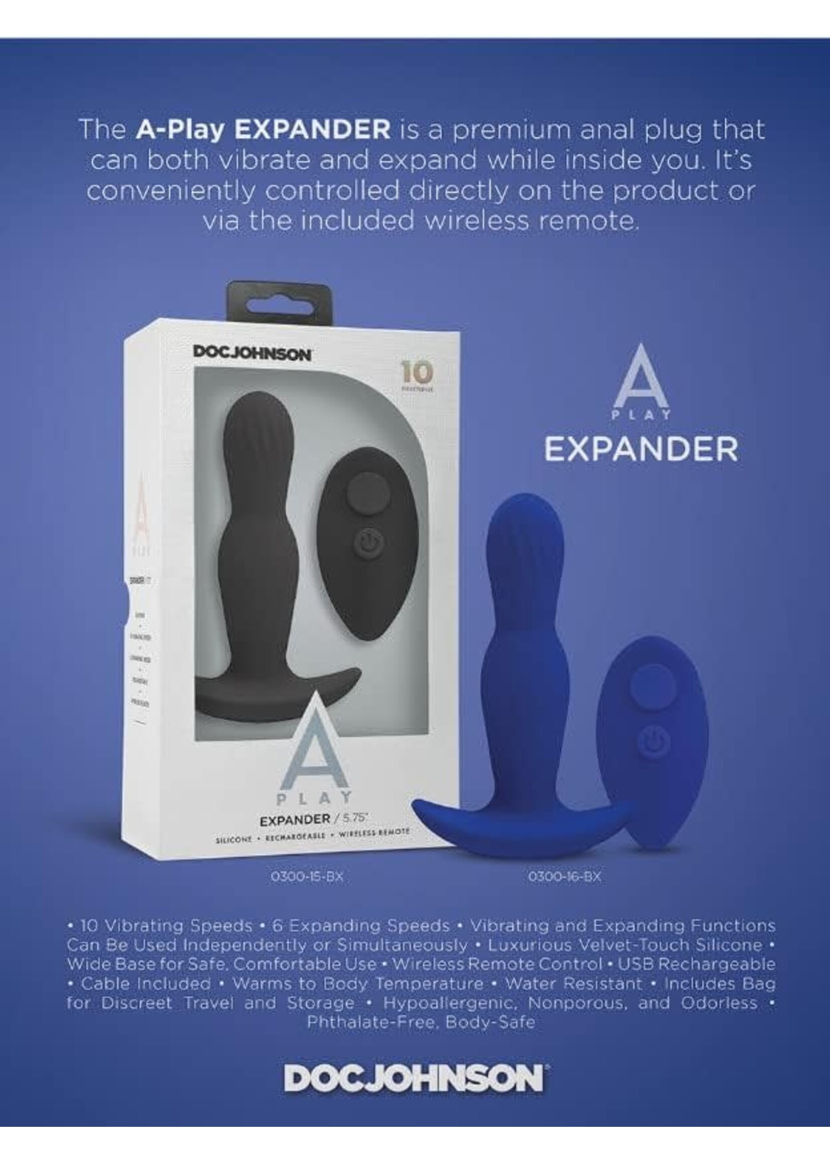 Doc Johnson A-Play Expander Rechargeable Silicone Anal Plug With Remote Royal Blue