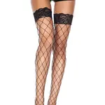 Music Legs Fence Net Thigh Highs with Lace Top - Black