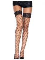 Music Legs Fence Net Thigh Highs with Lace Top - Black