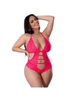 Magic Silk Get It Girl Lace Halter Teddy w/Snap Crotch - Pink - Curvy Queen Size