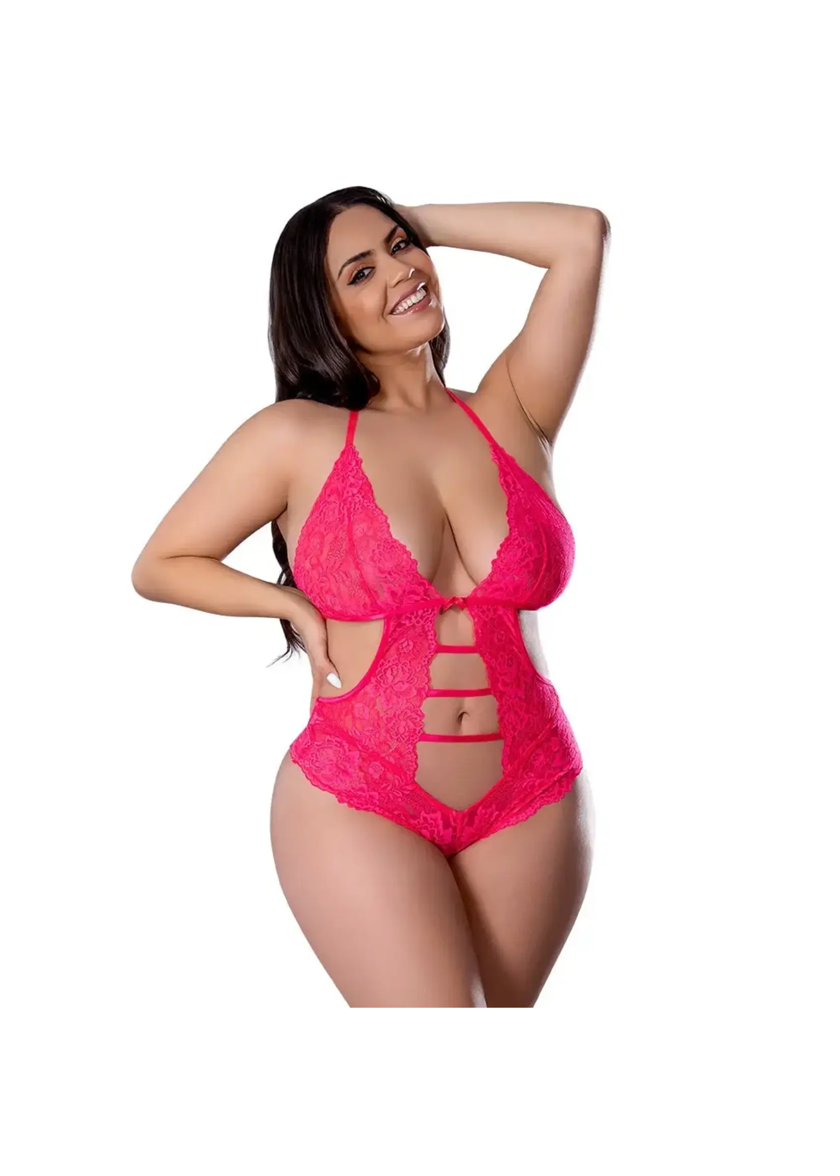Magic Silk Get It Girl Lace Halter Teddy w/Snap Crotch - Pink - Curvy Queen Size