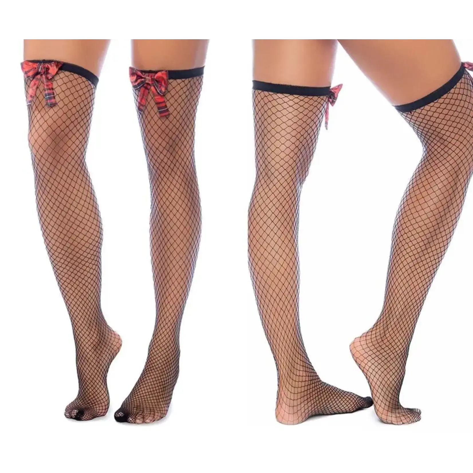 Mapale Diamond Fishnet Thigh Highs with Plaid Bows - Os - Black/plaid