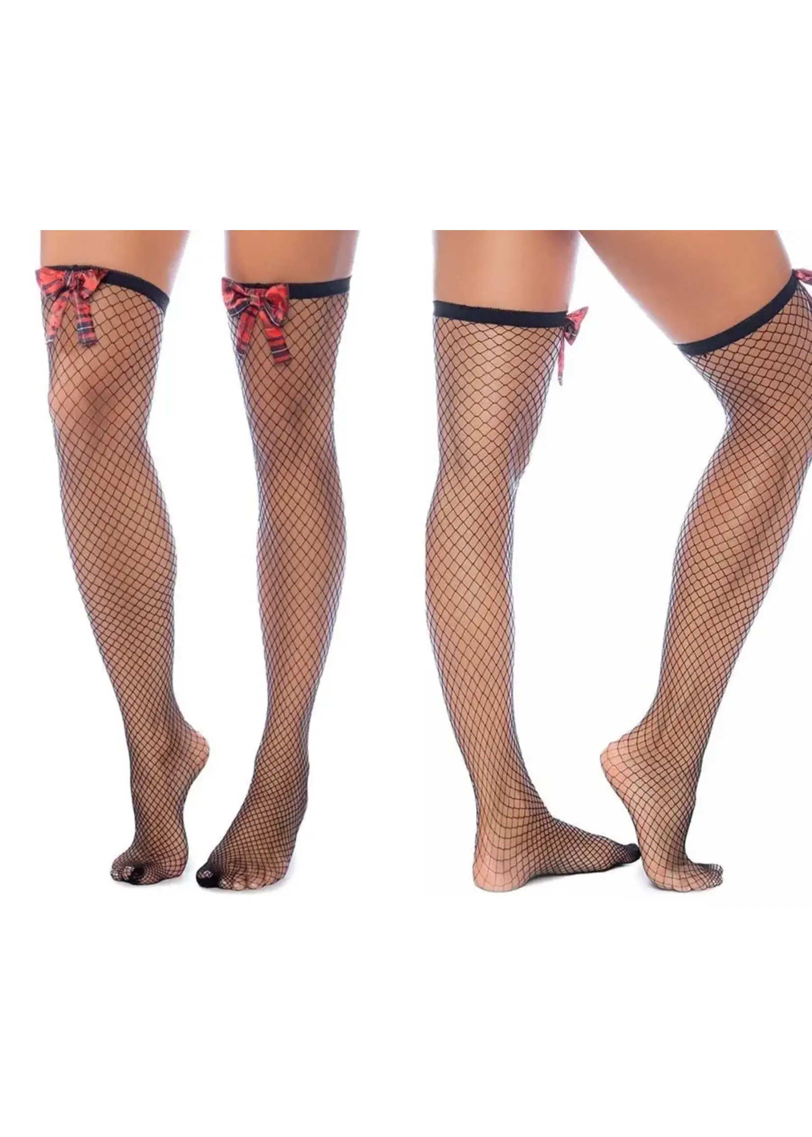 Mapale Diamond Fishnet Thigh Highs with Plaid Bows - Os - Black/plaid