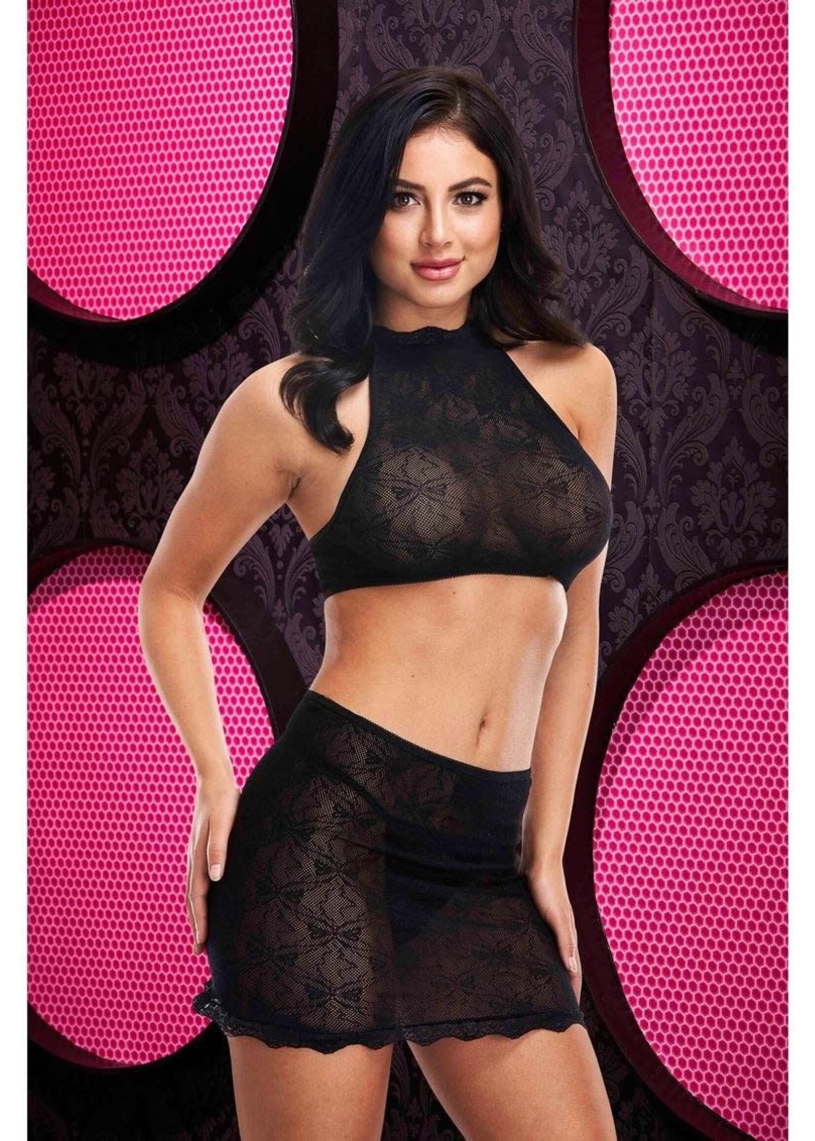 LapDance Jacquard Crop Top & Skirt Set - Blk - O/S