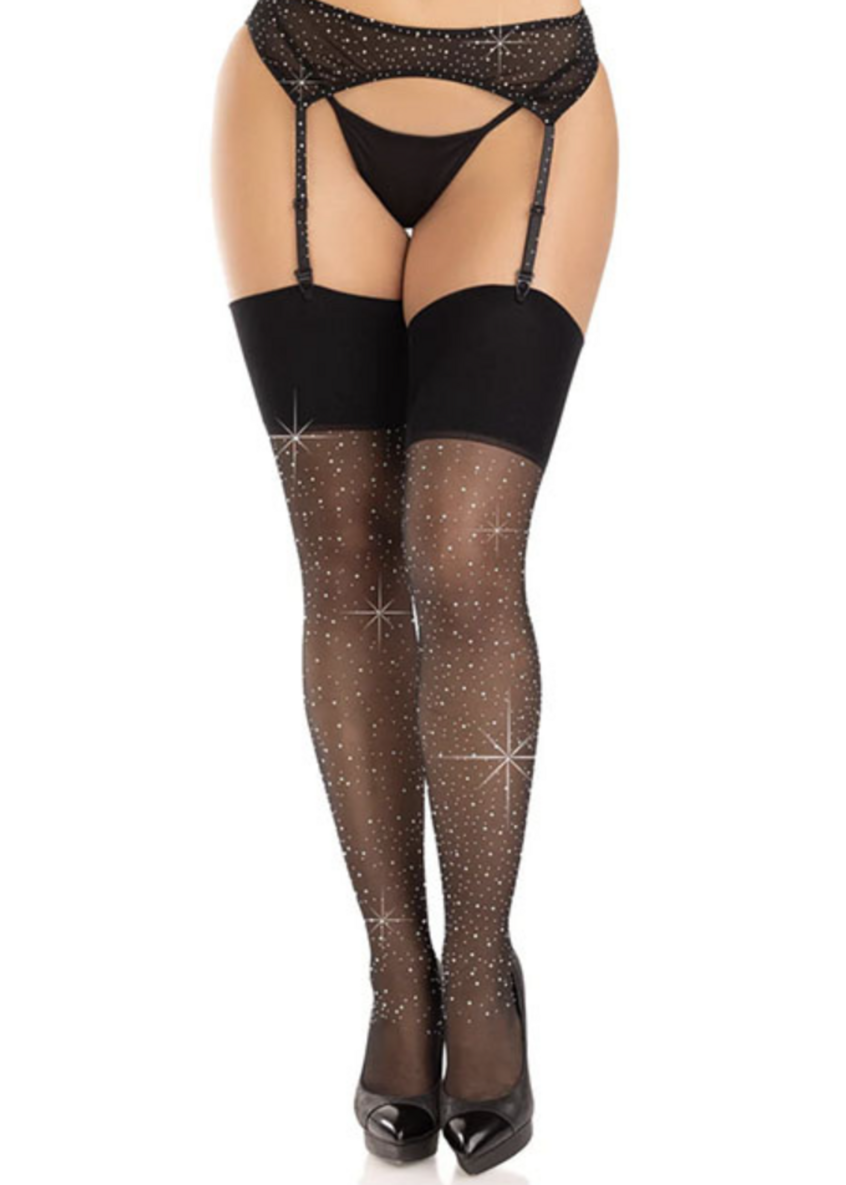 Leg Avenue Wide Top Rhinestone Spandex Sheer Stocking - One Size - Black
