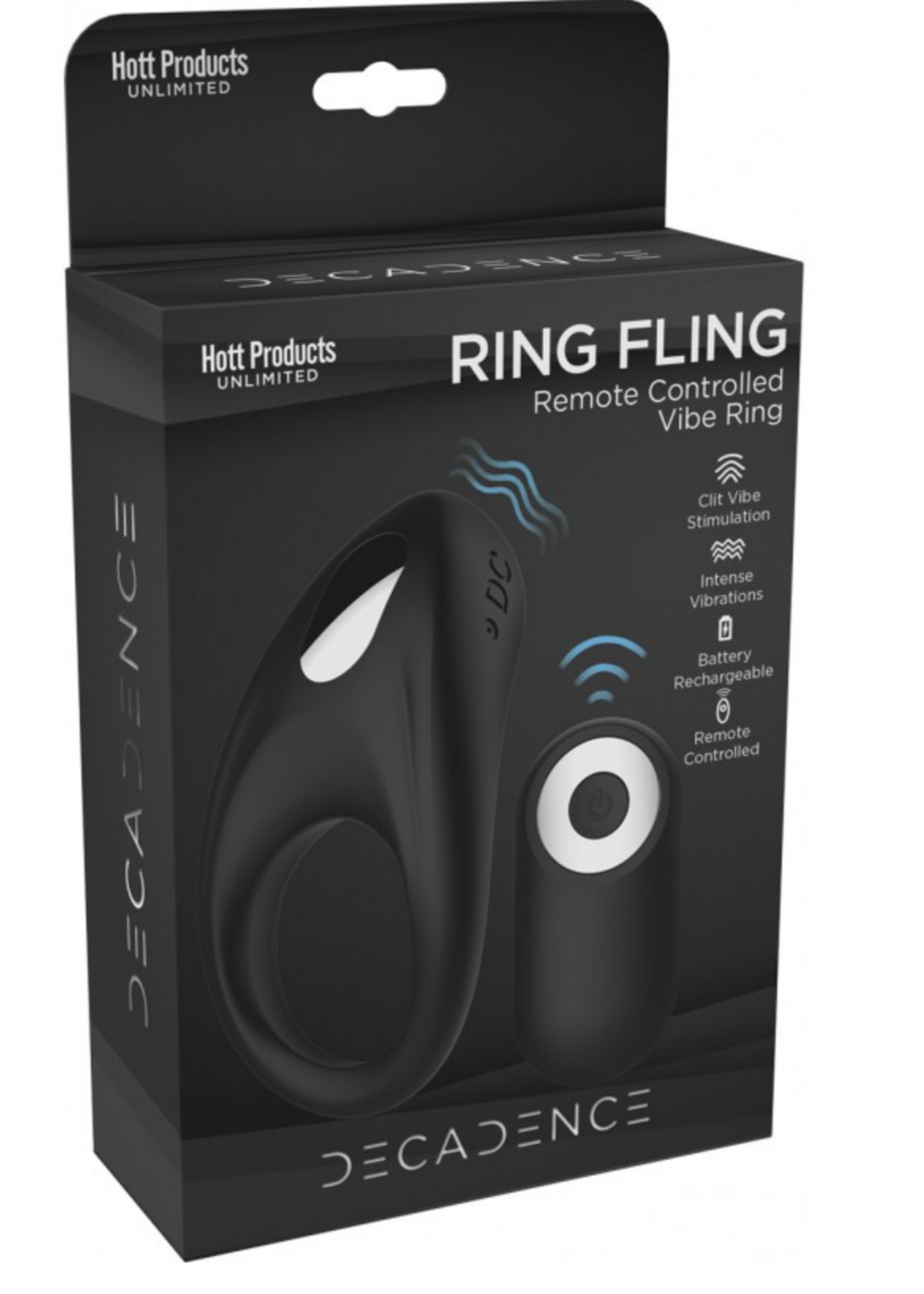 HOTT PRODUCTS Decadence Ring Fling Silicone Vibrating Cock Ring with Remote Control - Black