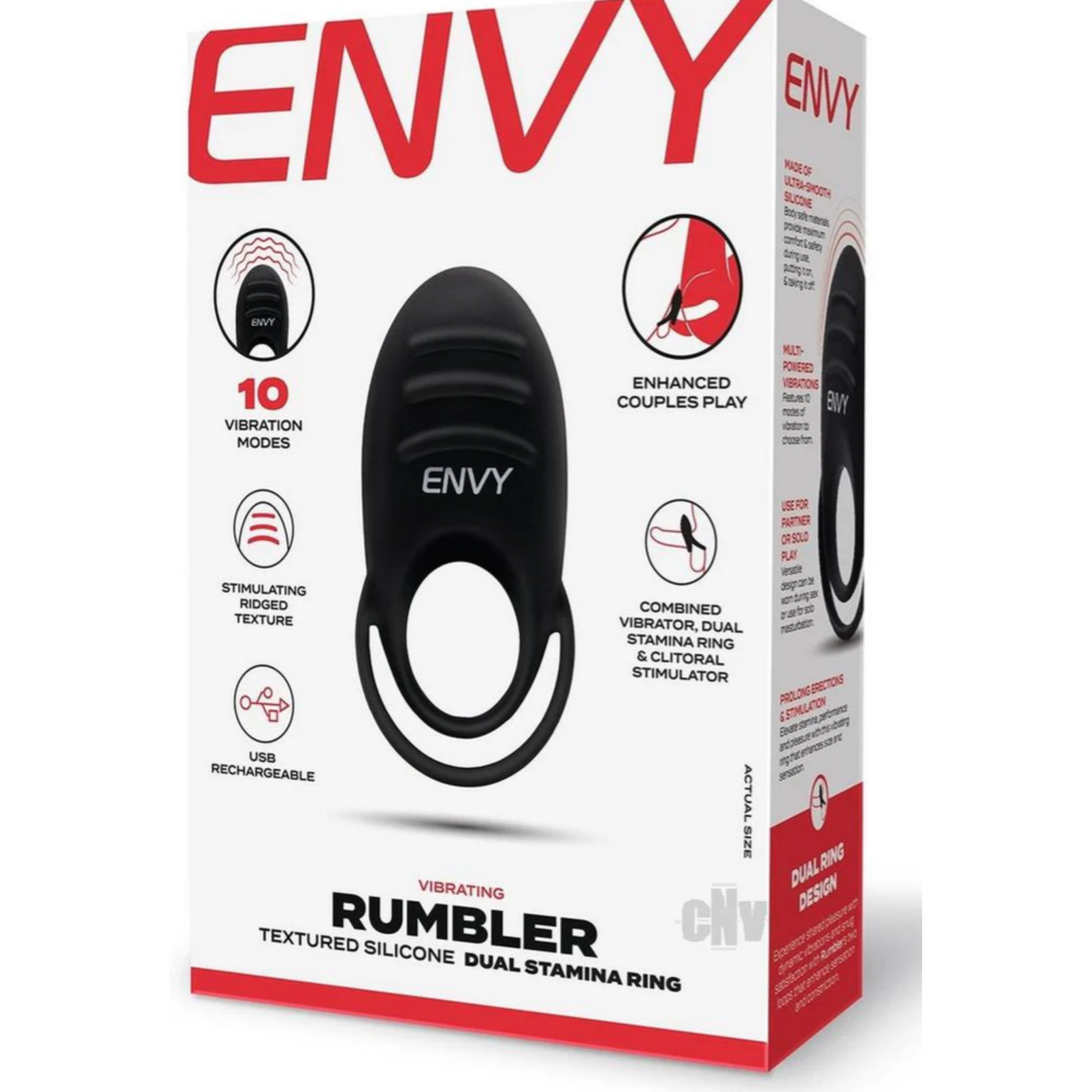 Envy Envy Toys Rumbler Textured Rechargeable Silicone Dual Stamina Ring - Black