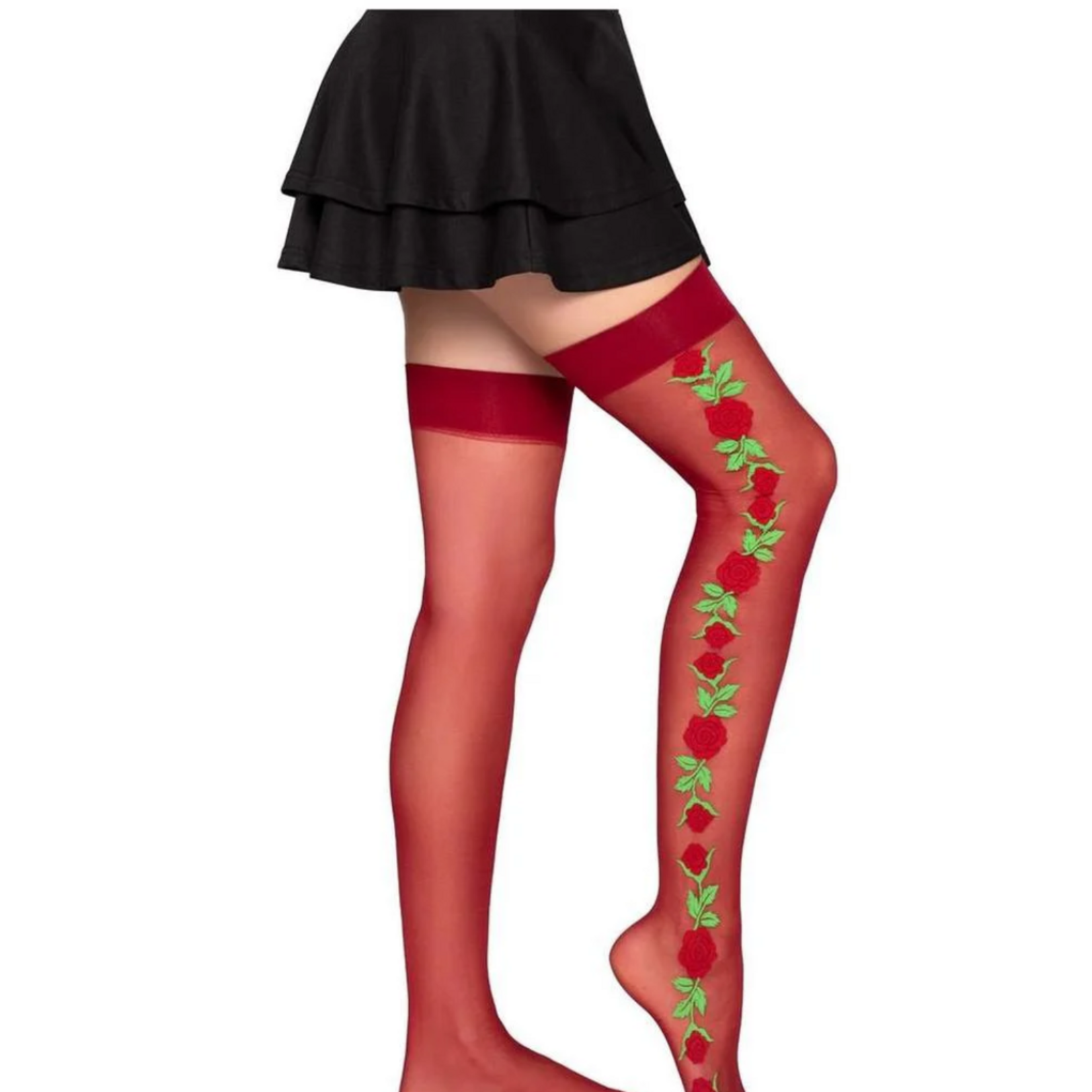 Leg Avenue Leg Avenue Spandex Sheer Thigh Highs with Embroidered Rose Side Detail - Red - O/S