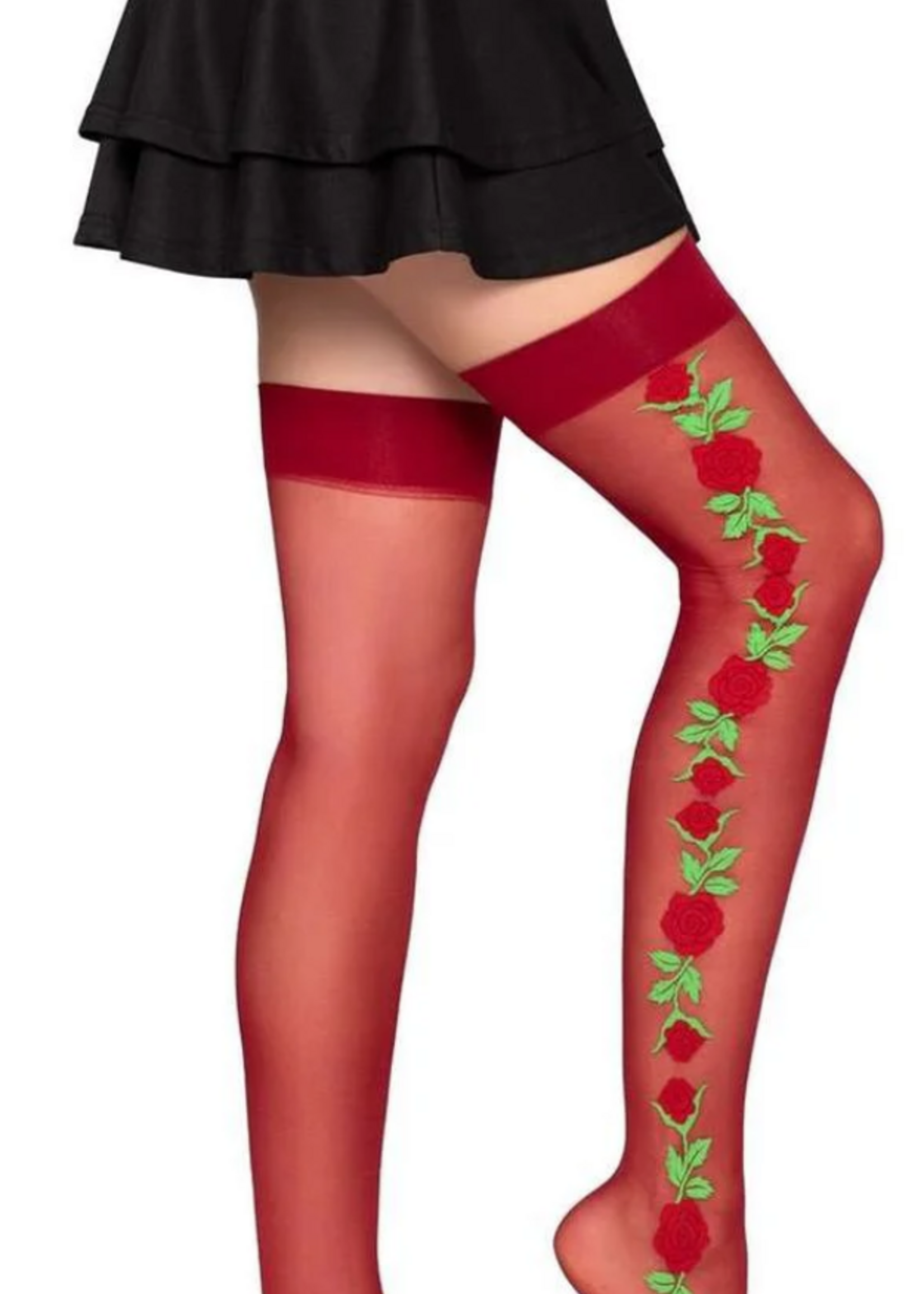 Leg Avenue Leg Avenue Spandex Sheer Thigh Highs with Embroidered Rose Side Detail - Red - O/S
