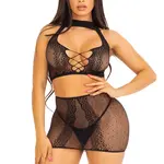 Leg Avenue Leg Avenue Dotted Net and Lace Halter Crop Top with Faux Lace Up Front and Mini Skirt (2 Piece) - O/S - Black