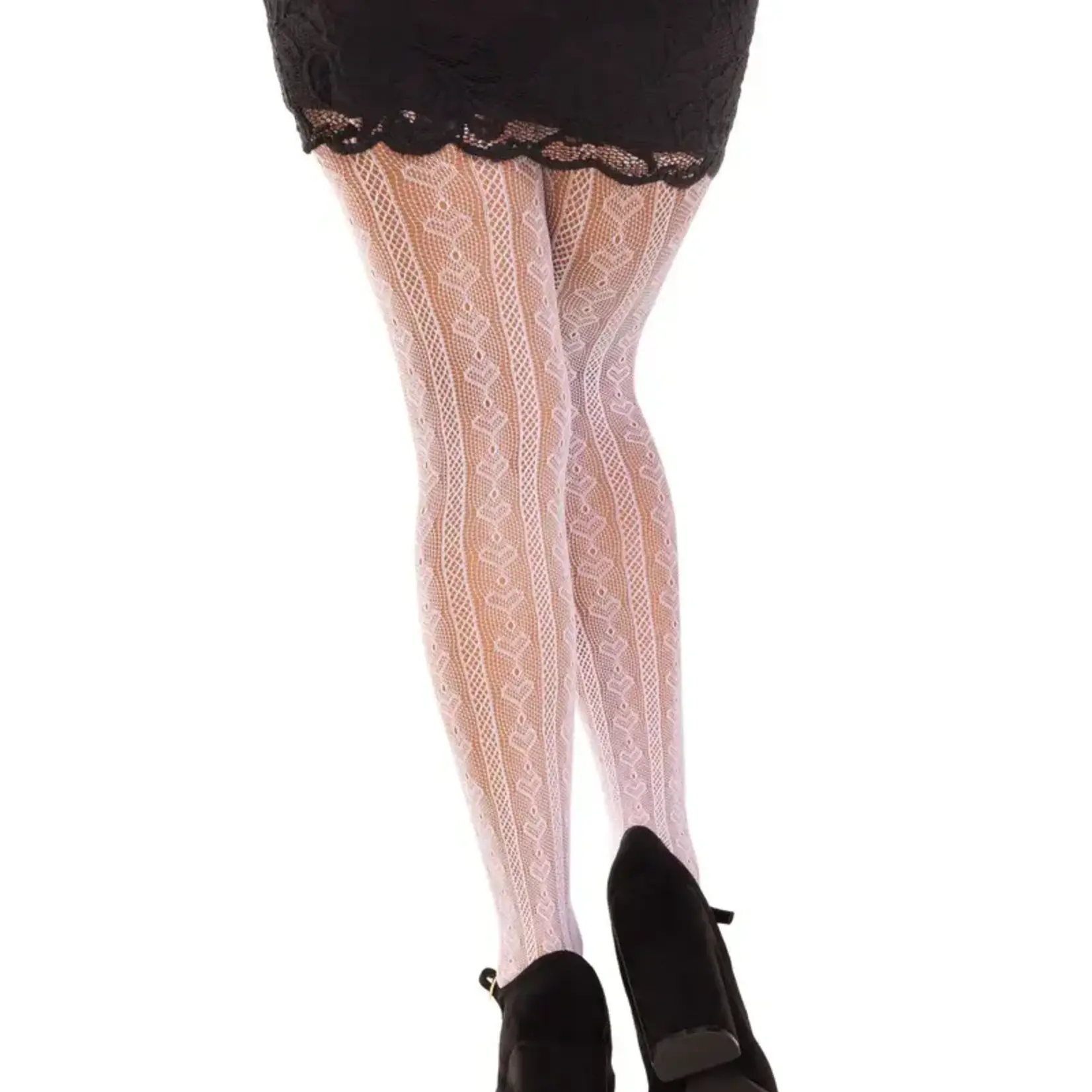 Leg Avenue Sweetheart Striped Net Tights w/ Keyhole & Mini Bow Detail - White - O/S