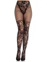 Leg Avenue Leg Avenue French Cut Dahlia Lace Tights with Net Thigh Detail - Black - O/S
