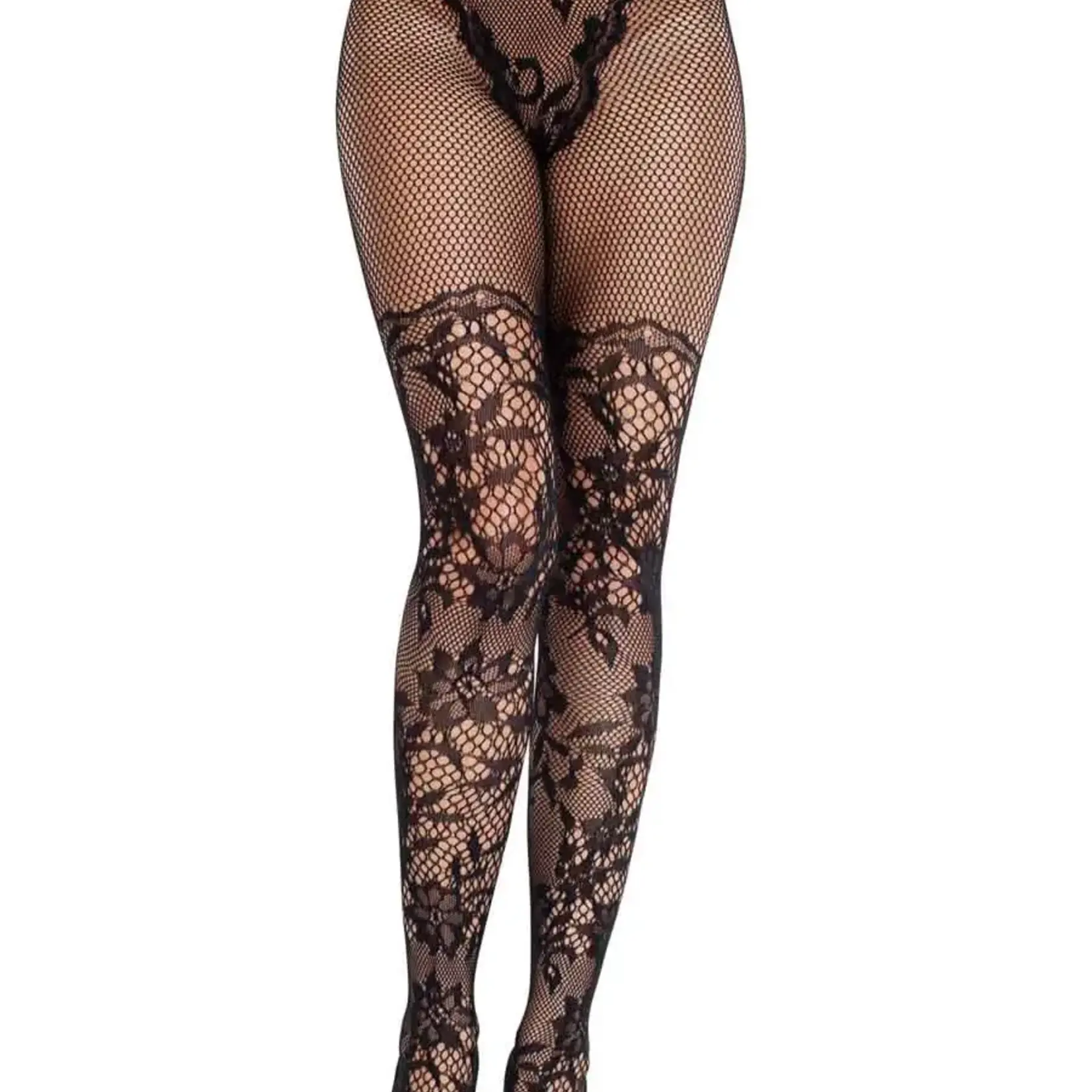 Leg Avenue Leg Avenue French Cut Dahlia Lace Tights with Net Thigh Detail - Black - O/S