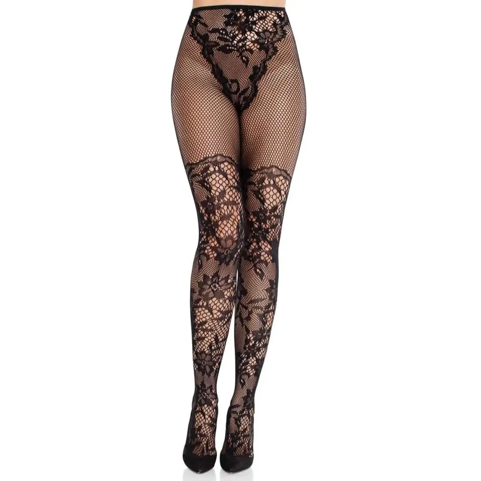 Leg Avenue Leg Avenue French Cut Dahlia Lace Tights with Net Thigh Detail - Black - O/S