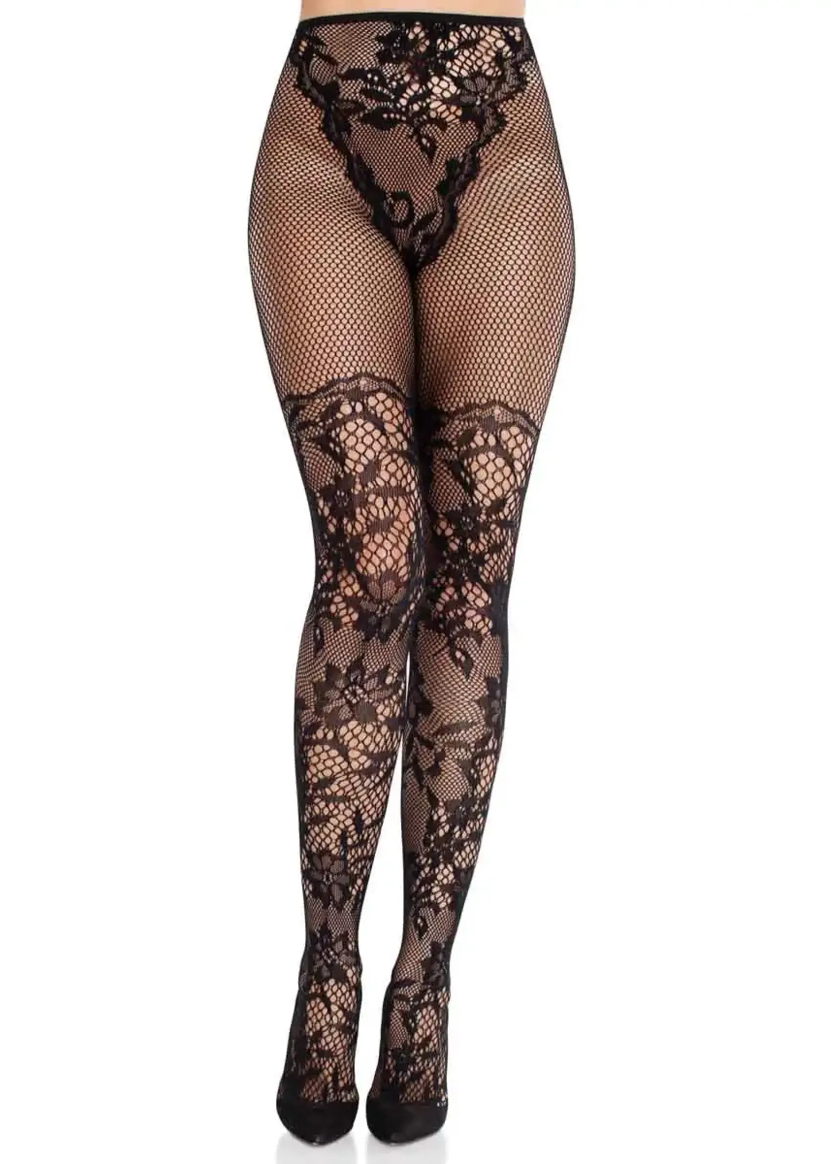Leg Avenue Leg Avenue French Cut Dahlia Lace Tights with Net Thigh Detail - Black - O/S