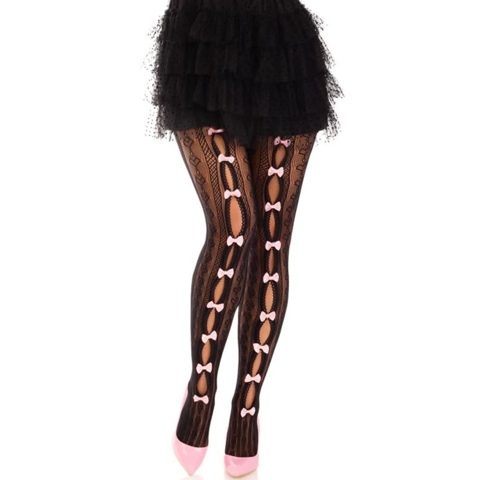 Leg Avenue Sweetheart Striped Net Tights With Keyhole and Mini Bow Detail - One Size - Black
