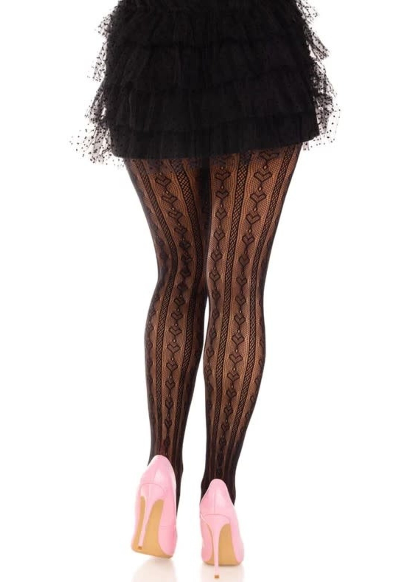 Leg Avenue Sweetheart Striped Net Tights With Keyhole and Mini Bow Detail - One Size - Black