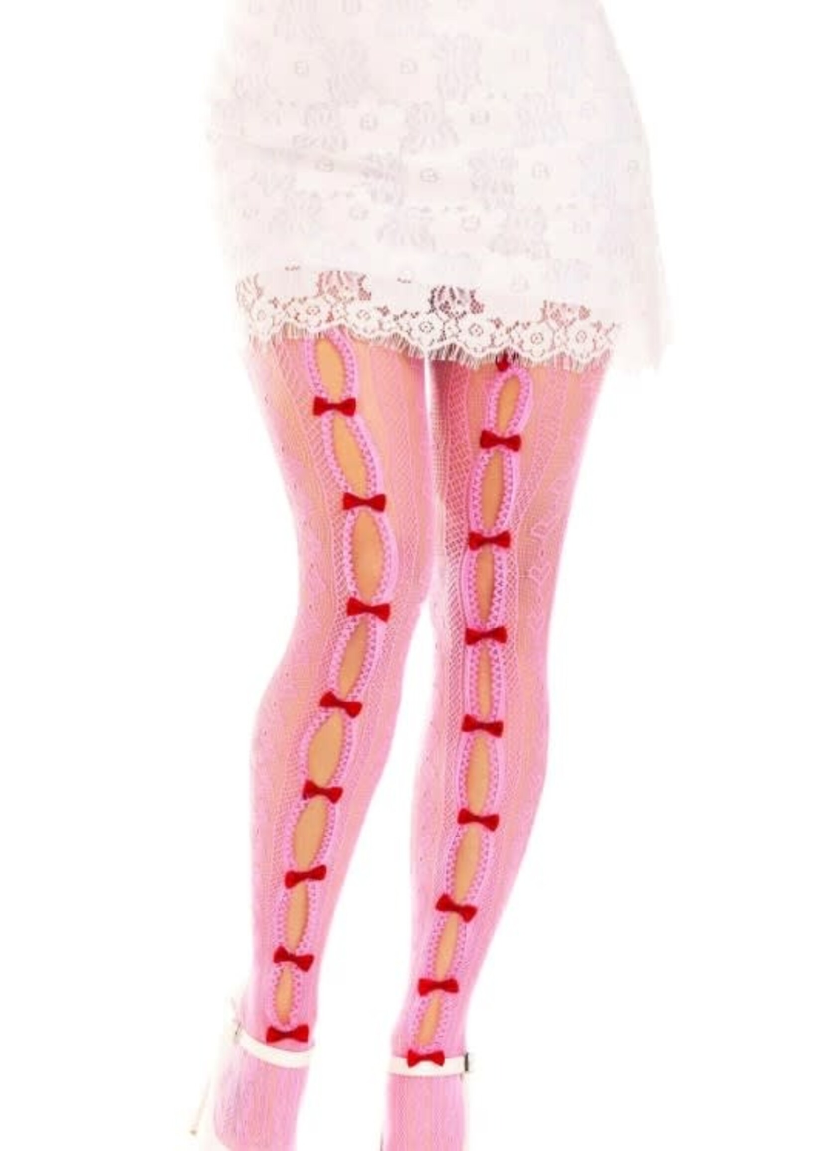 Leg Avenue Leg Avenue Sweetheart Striped Net Tights with Keyhole and Mini Bow Detail - O/S - Pink