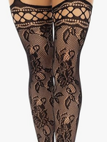 Leg Avenue Leg Avenue French Rose Lace Backseam Stockings with Attached Garter Belt - O/S - Black
