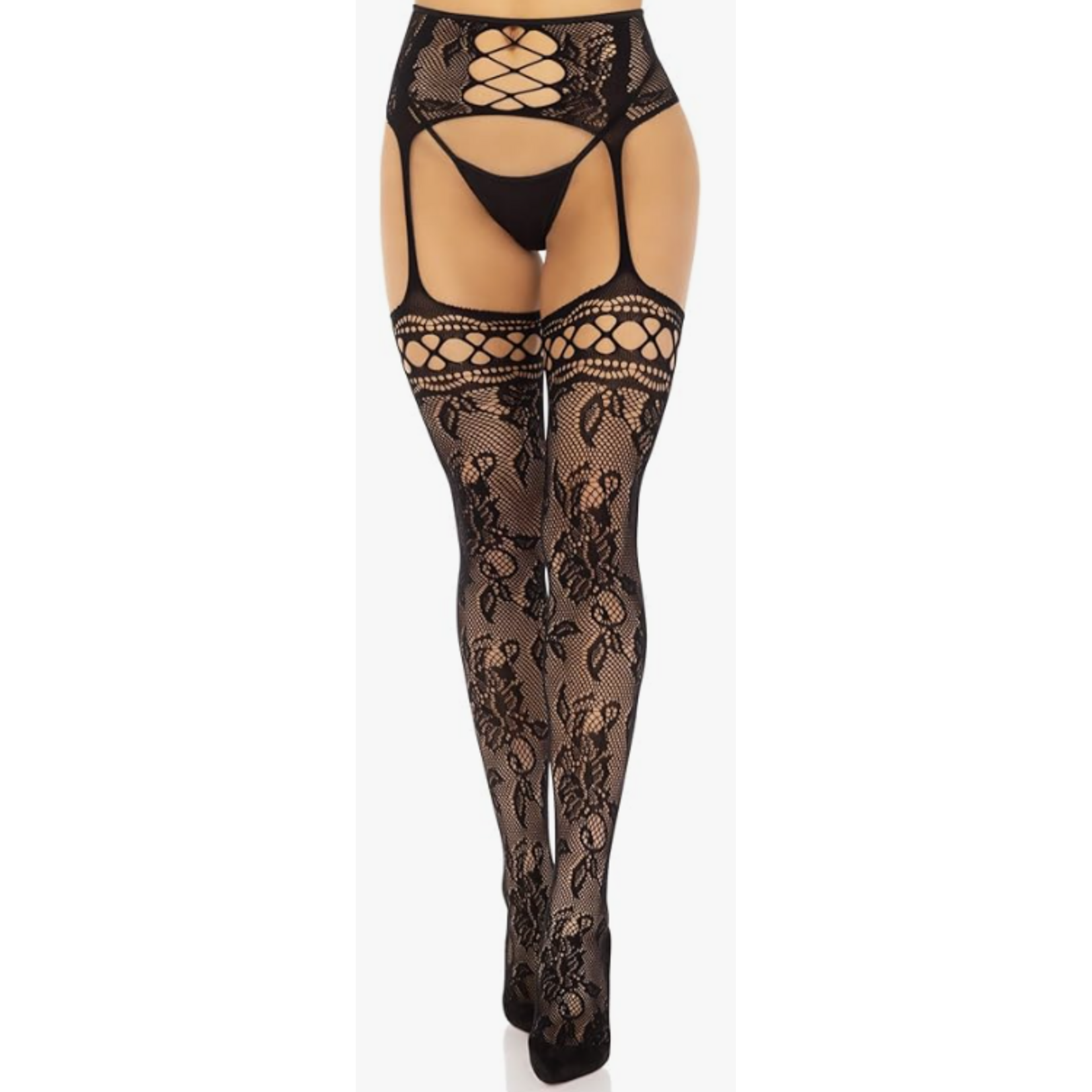 Leg Avenue Leg Avenue French Rose Lace Backseam Stockings with Attached Garter Belt - O/S - Black