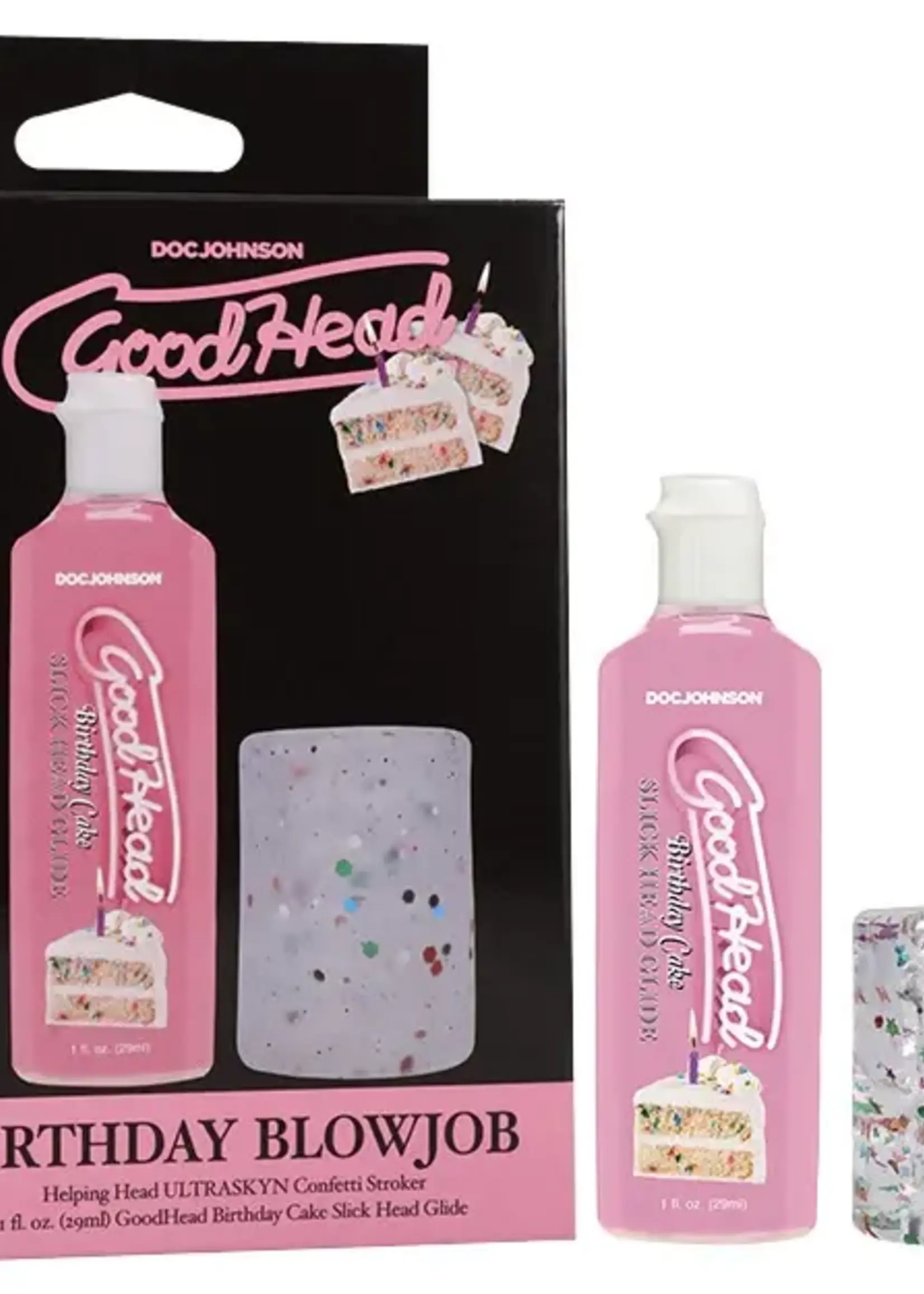Doc Johnson GoodHead Birthday Cake Blowjob Set Includes Stroker & Slick Head Glide - 1 oz Bottle Birthday Cake