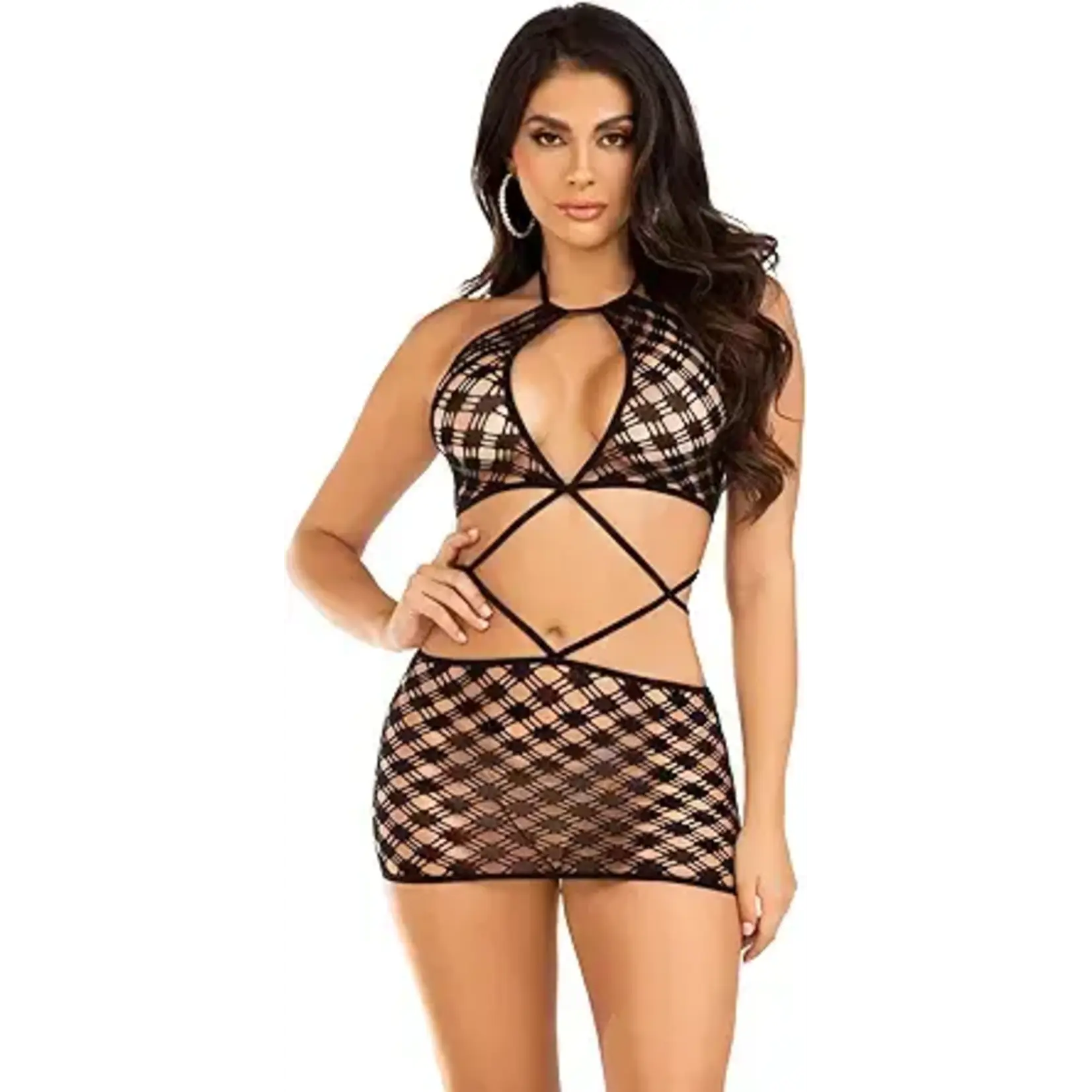 Leg Avenue Keyhole Halter Hardcore Net Mini Dress - O/S