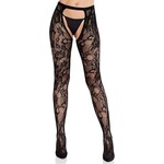 Leg Avenue Eyelet Rose Lace Crotchless Tights with Cheeky Open Back - Black - O/S