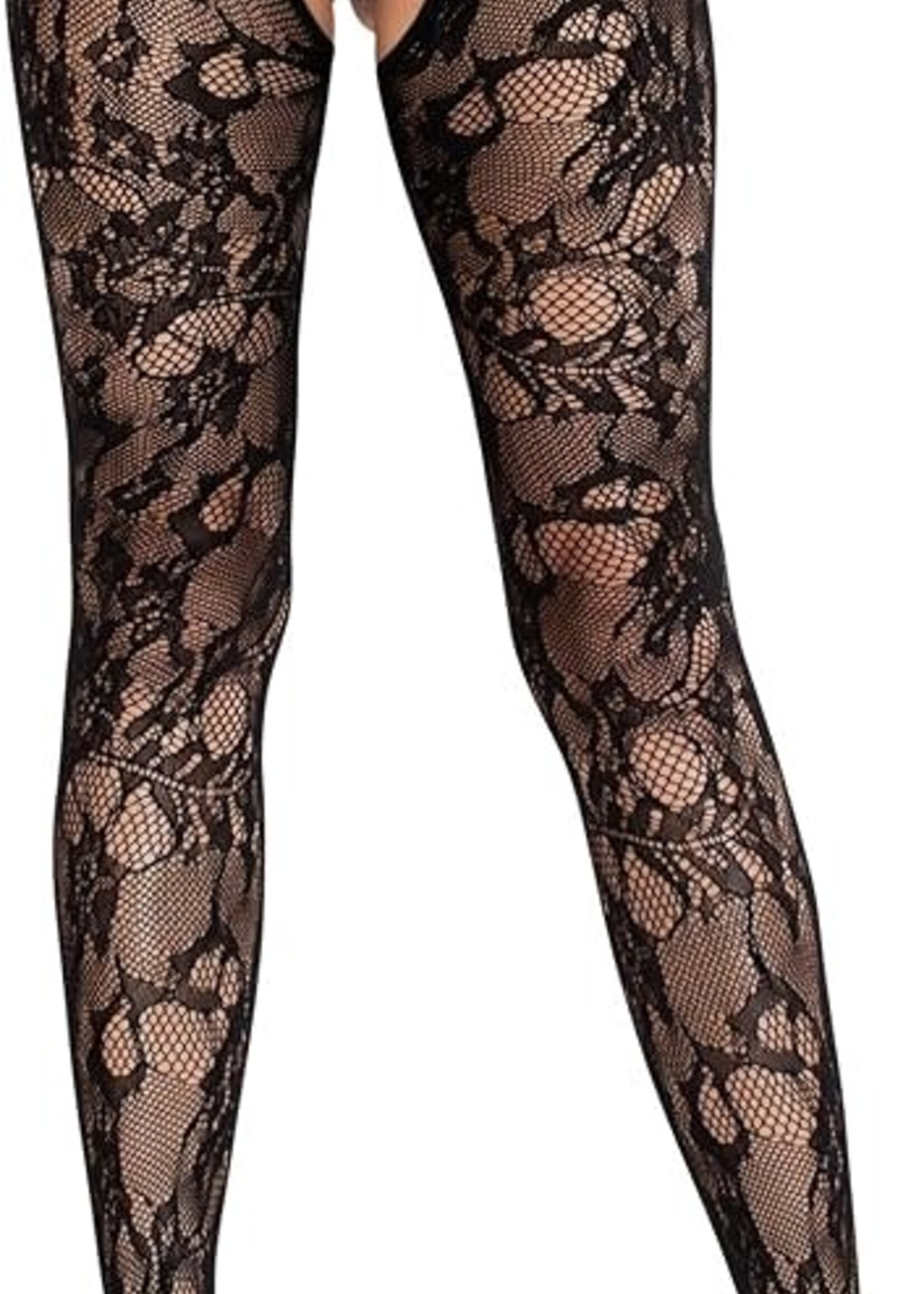 Leg Avenue Eyelet Rose Lace Crotchless Tights with Cheeky Open Back - Black - O/S