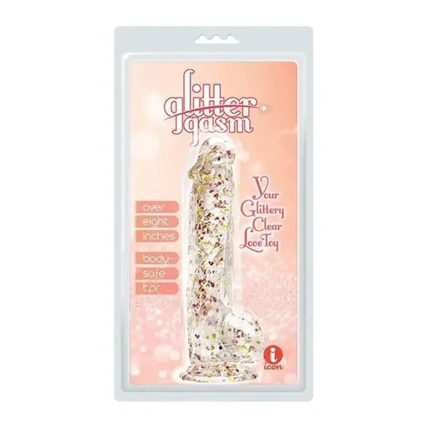 Icon Brands Glittergasm Realistic Clear Dildo with Balls and Suction Cup