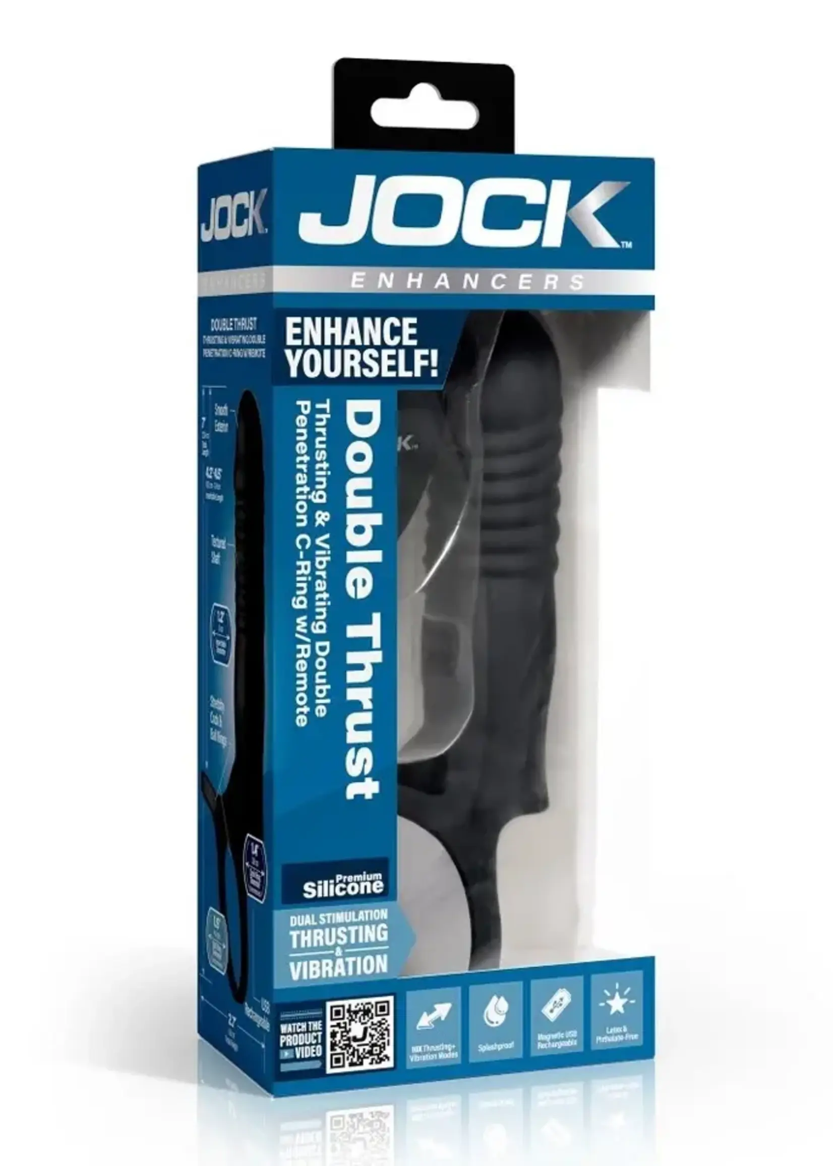 Curve Toys Jock Double Thrust Thrusting & Vibrating Double Penetration Rechargeable Silicone Cock Ring w/ Remote - Black