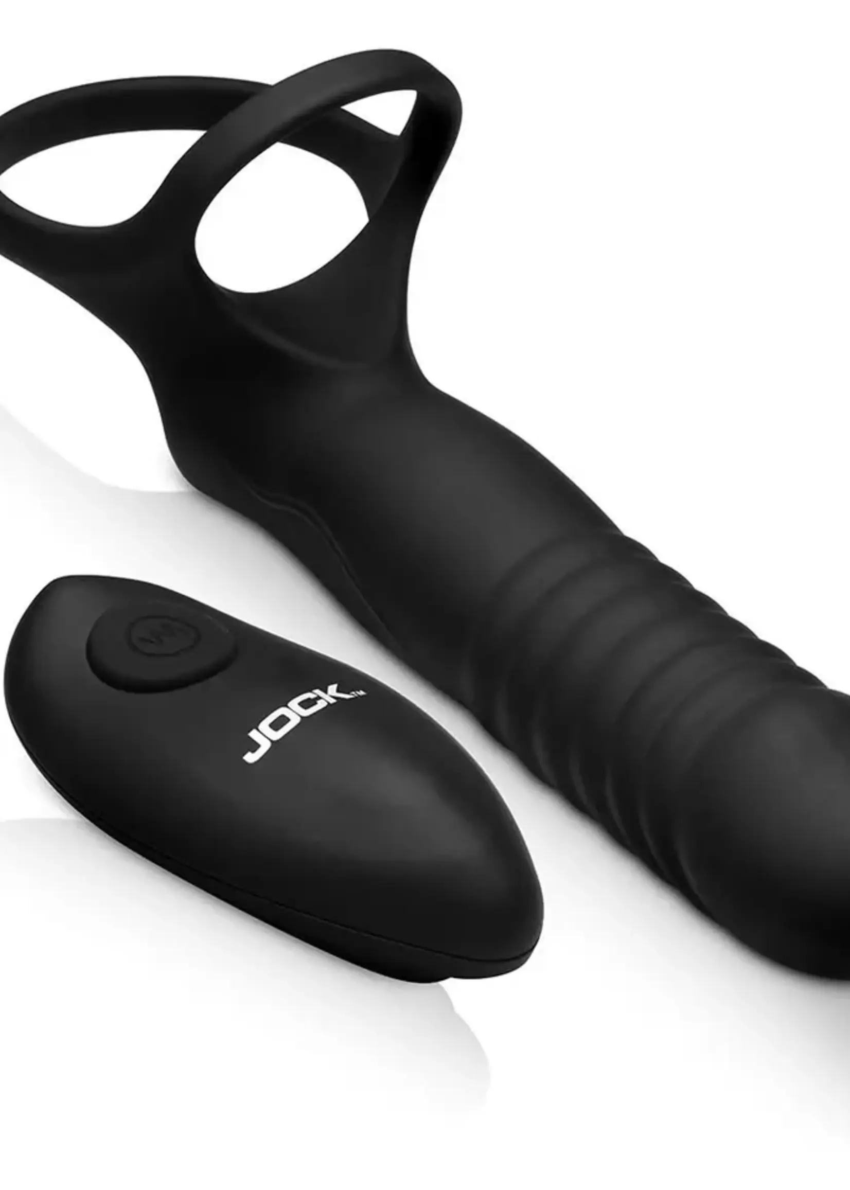 Curve Toys Jock Double Thrust Thrusting & Vibrating Double Penetration Rechargeable Silicone Cock Ring w/ Remote - Black