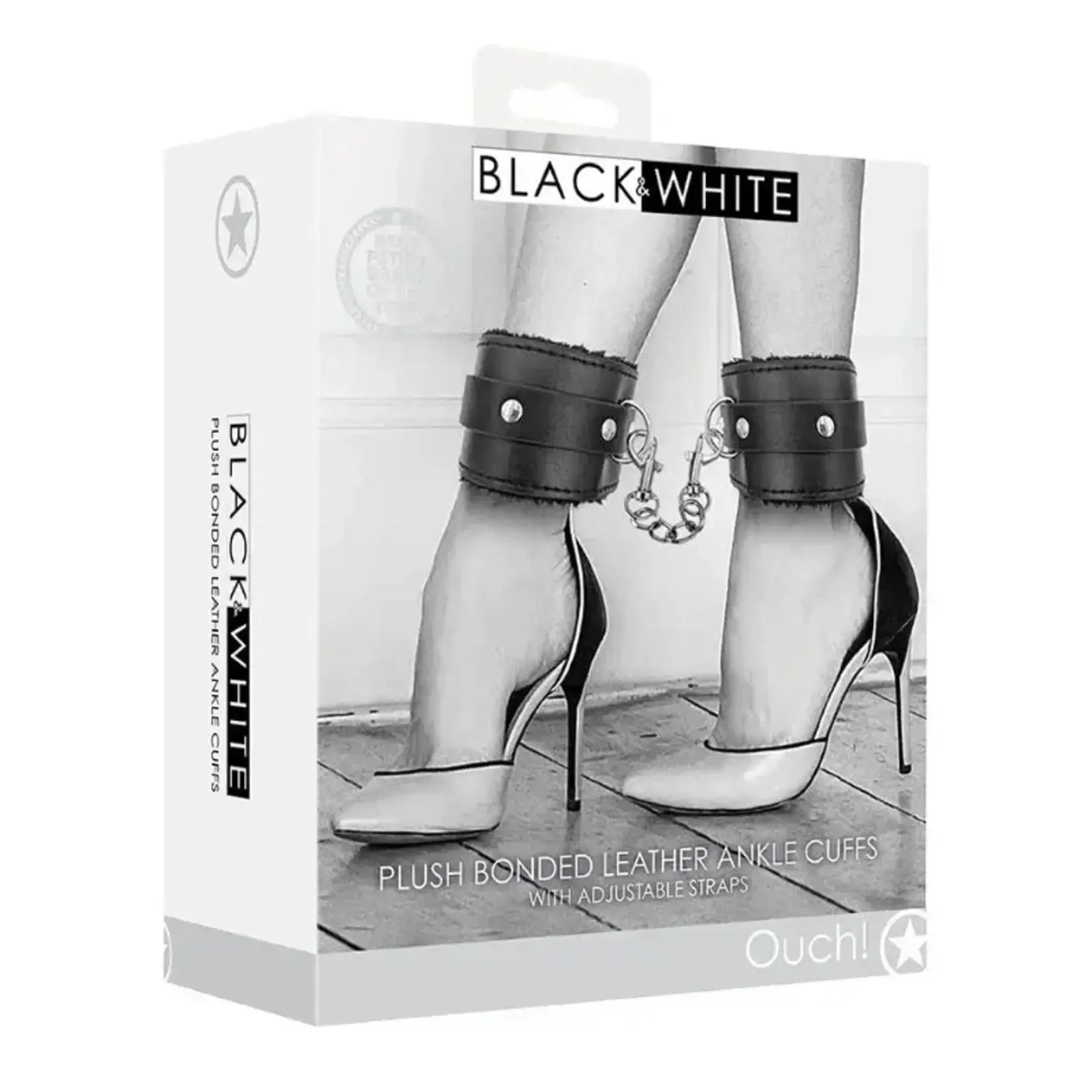 Shots Ouch! Ouch! Black & White Plush Bonded Leather Ankle Cuffs With Adjustable Straps