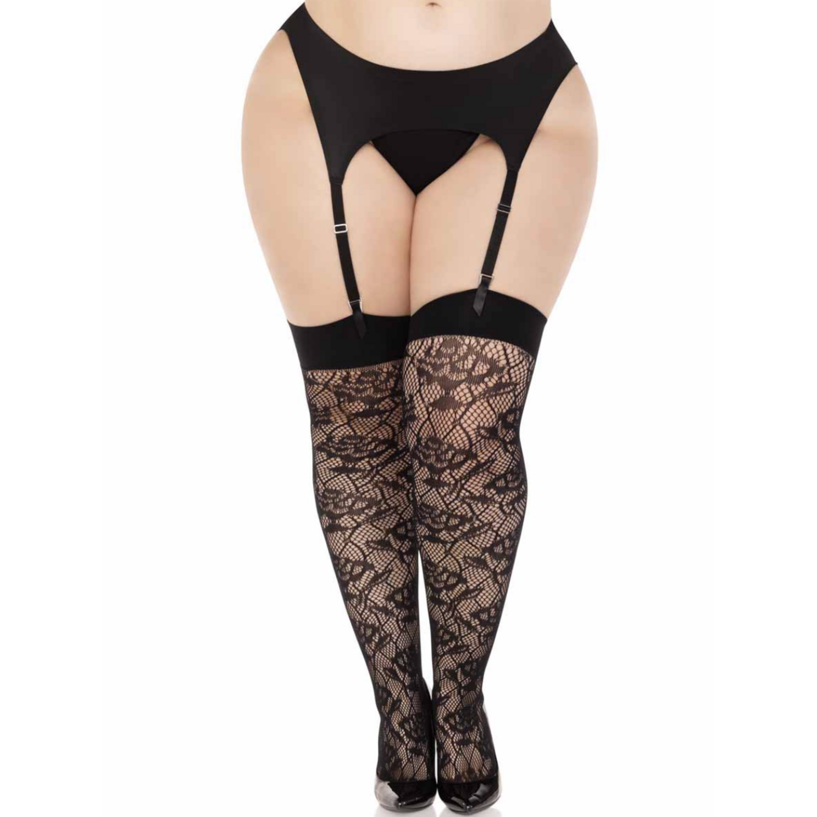 Leg Avenue Leg Avenue Wild Rose Net Thigh Highs - 1X-2X - Black