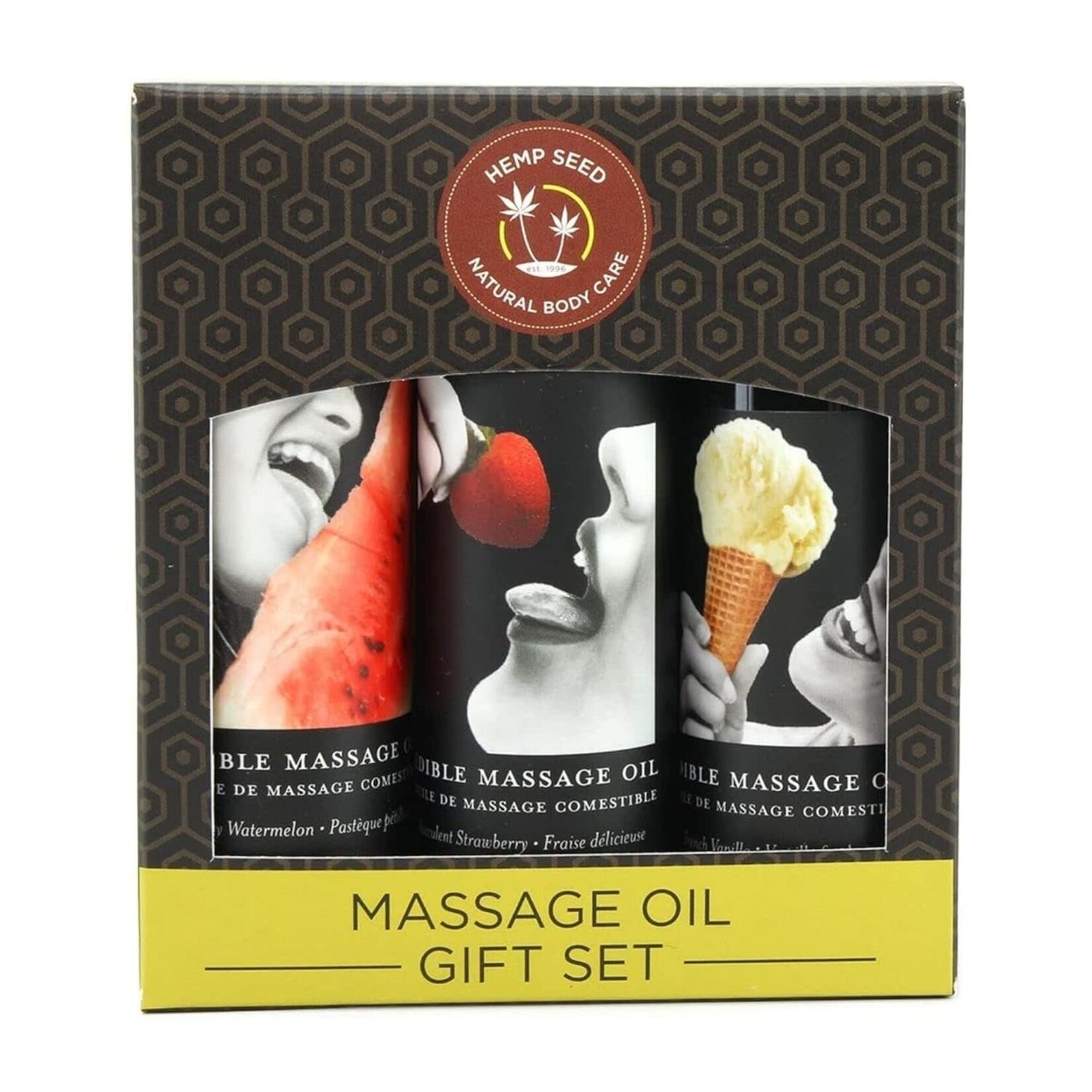 Earthly Body Edible Massage Oil Gift Set Box - 2 Fl. Oz. Bottles - Strawberry, Watermelon, Vanilla