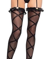 Leg Avenue Sheer Faux Wrap Lace Top Stockings w/ Attached Garter Belt - O/S