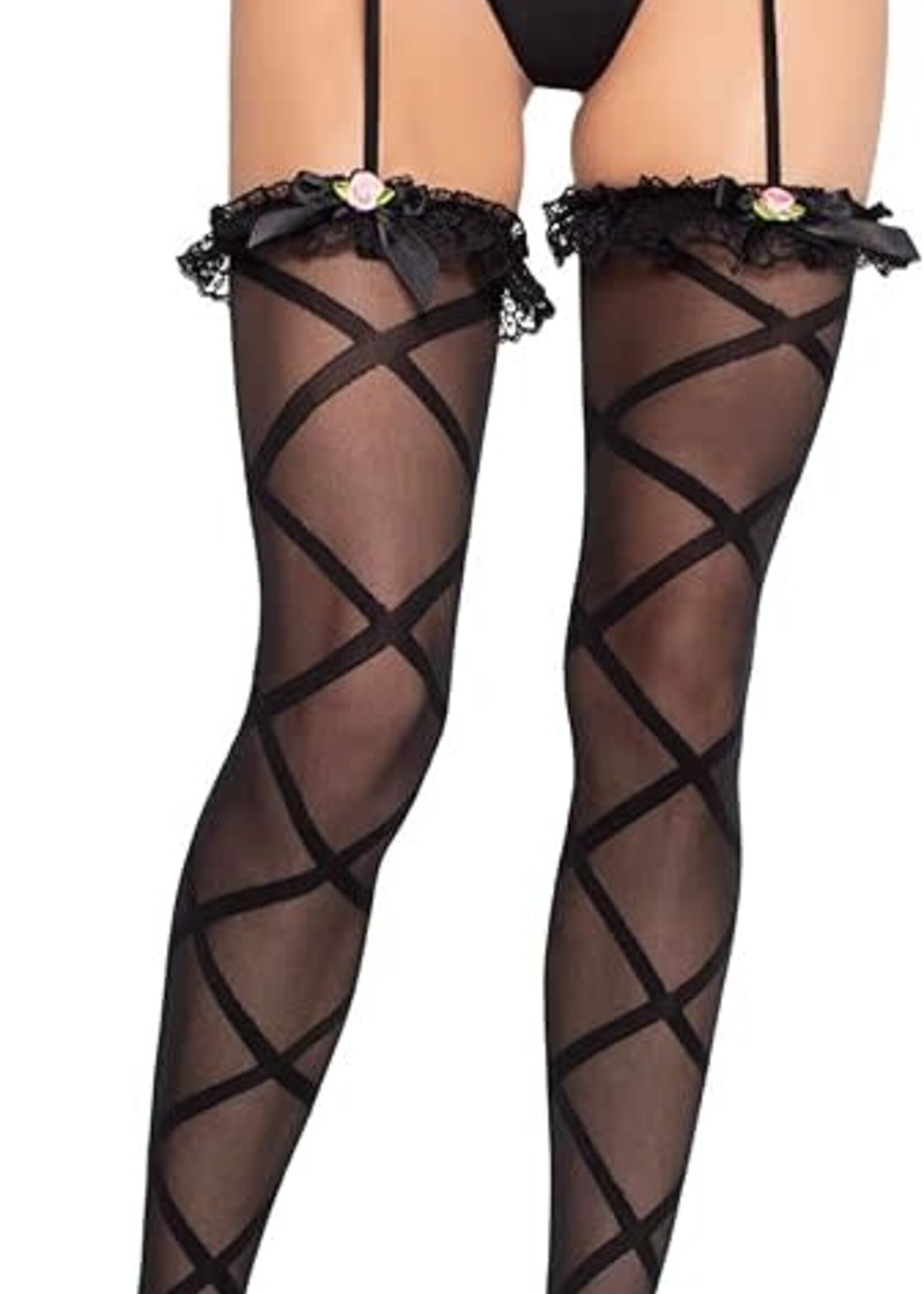 Leg Avenue Sheer Faux Wrap Lace Top Stockings w/ Attached Garter Belt - O/S