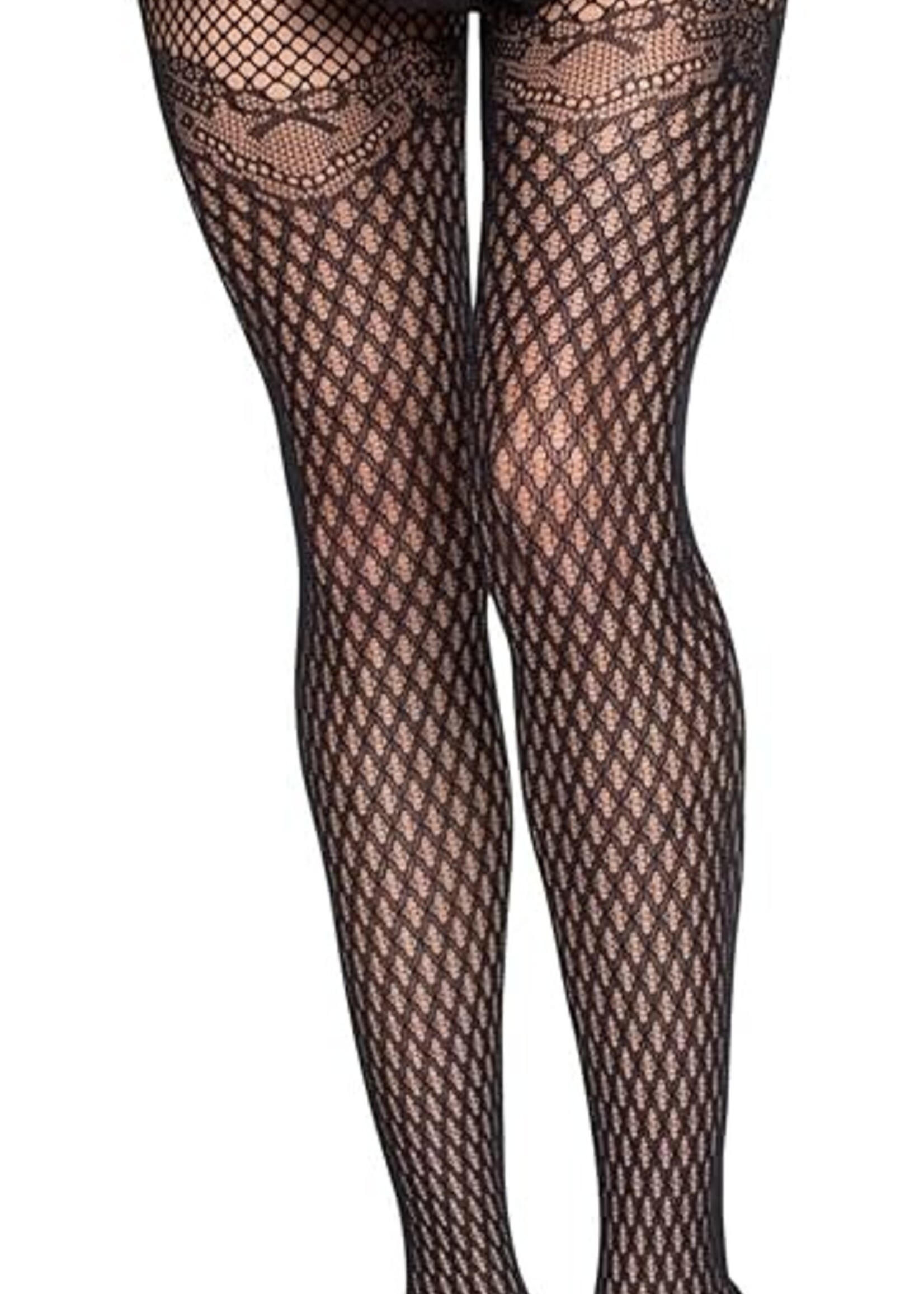 Leg Avenue Gilded Grid Net Tights with Bow Lace Top - O/S