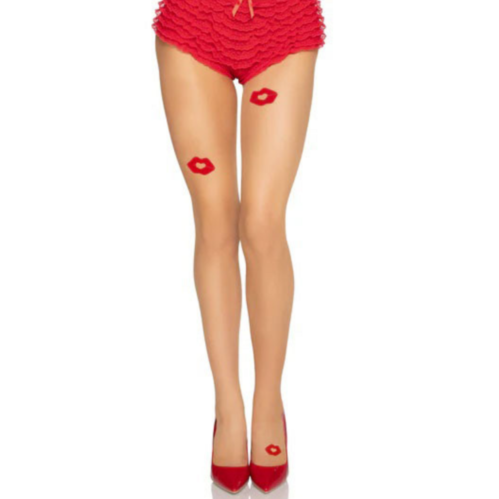 Leg Avenue Leg Avenue Spandex Sheer Tights with Embroidered Kiss Accents - Nude/Red - O/S